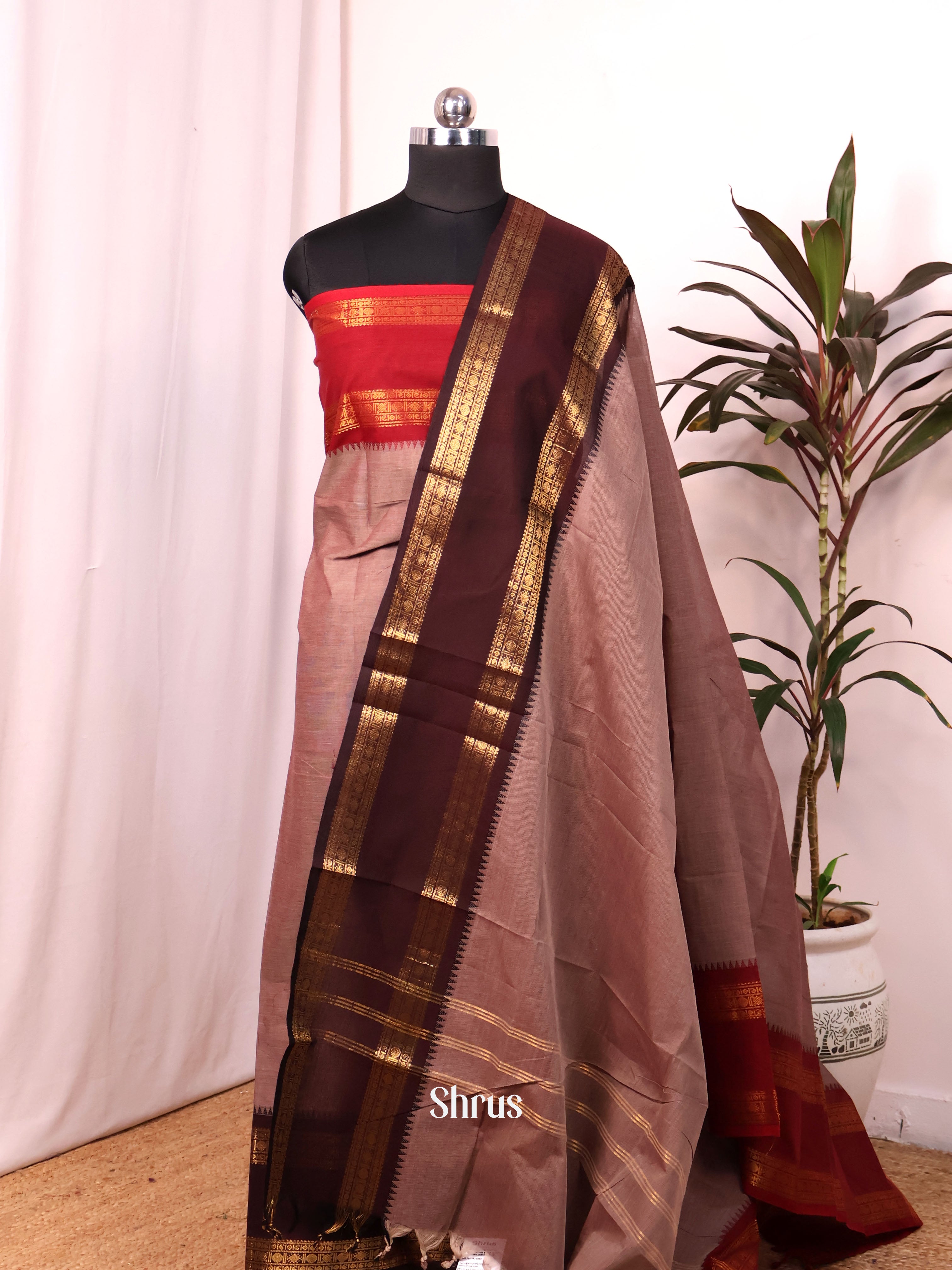 Dusty Brown & Red - chettinad top & dupatta combo