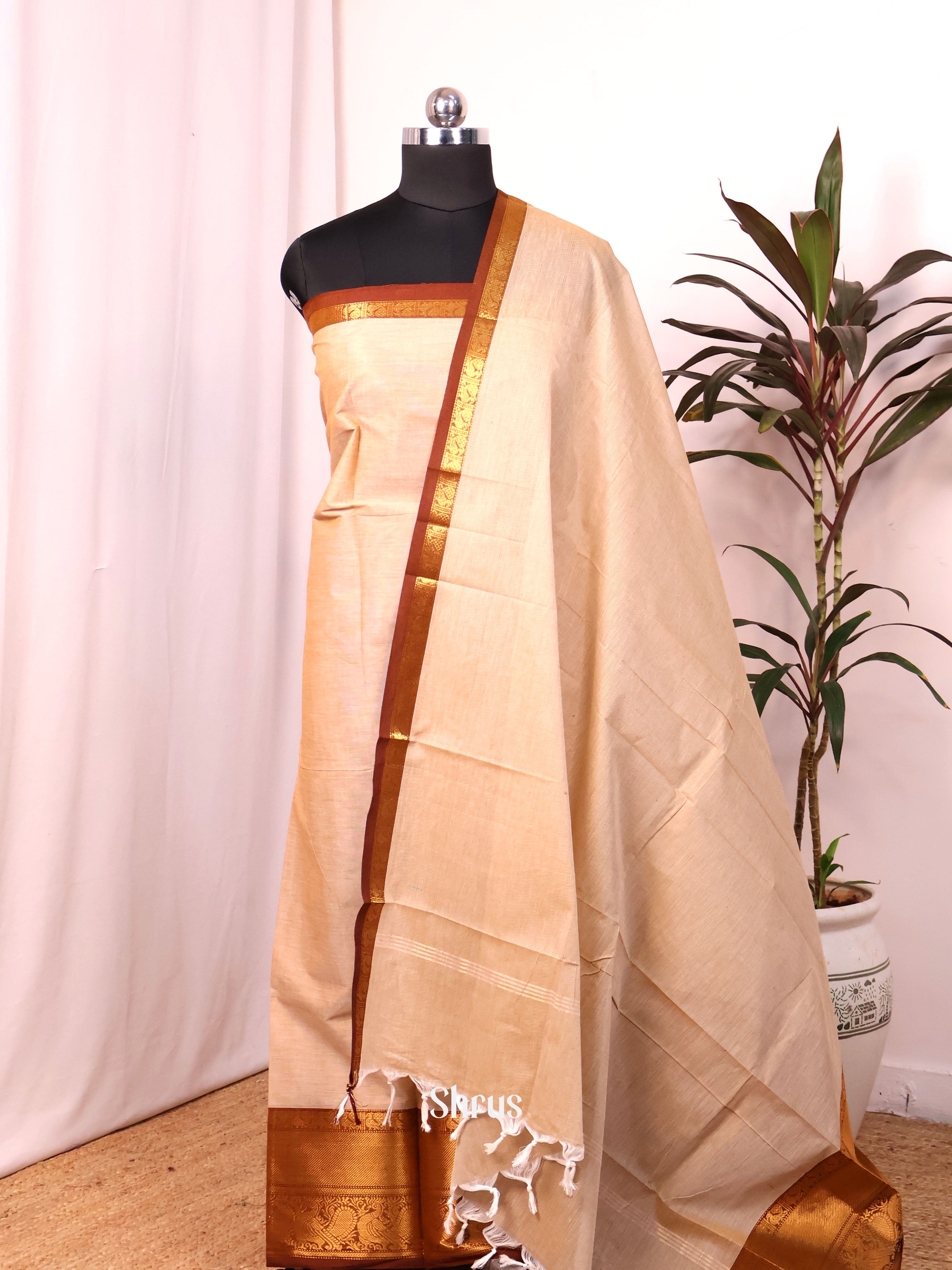 Cream & Brown - Chettinad Top & Dupatta Combo