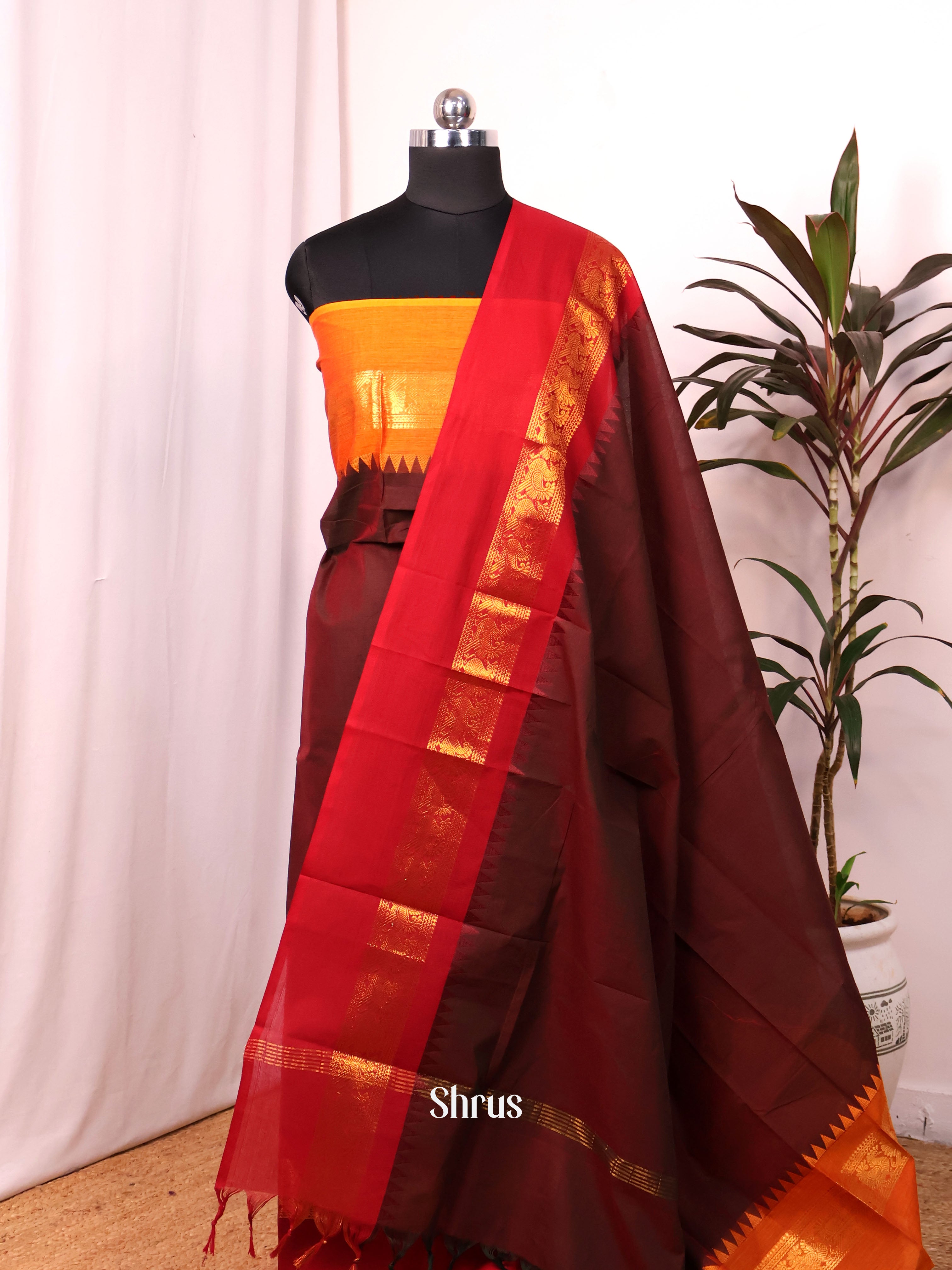 Brown & Red - chettinad top & dupatta combo