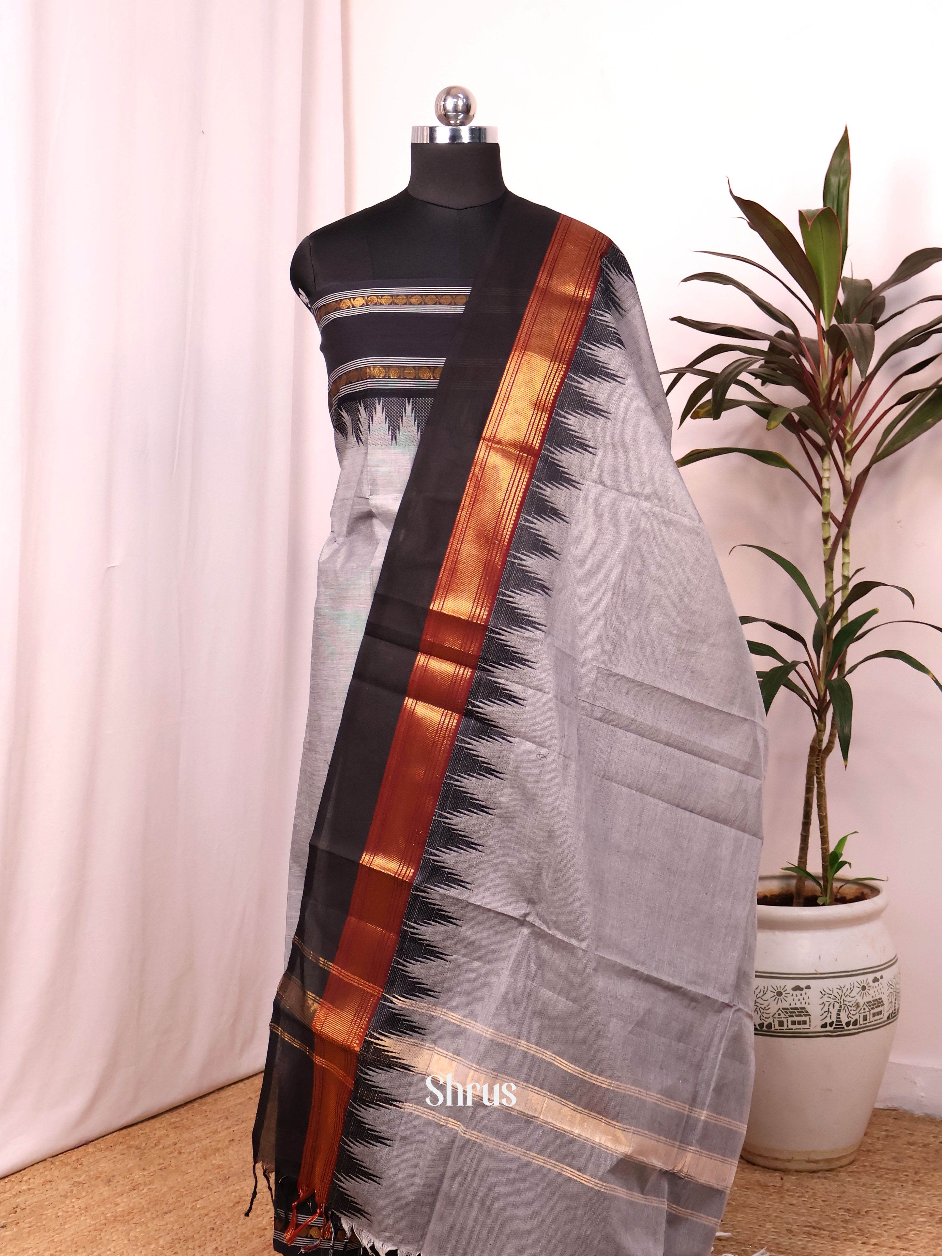 Grey & Black - chettinad top & dupatta combo