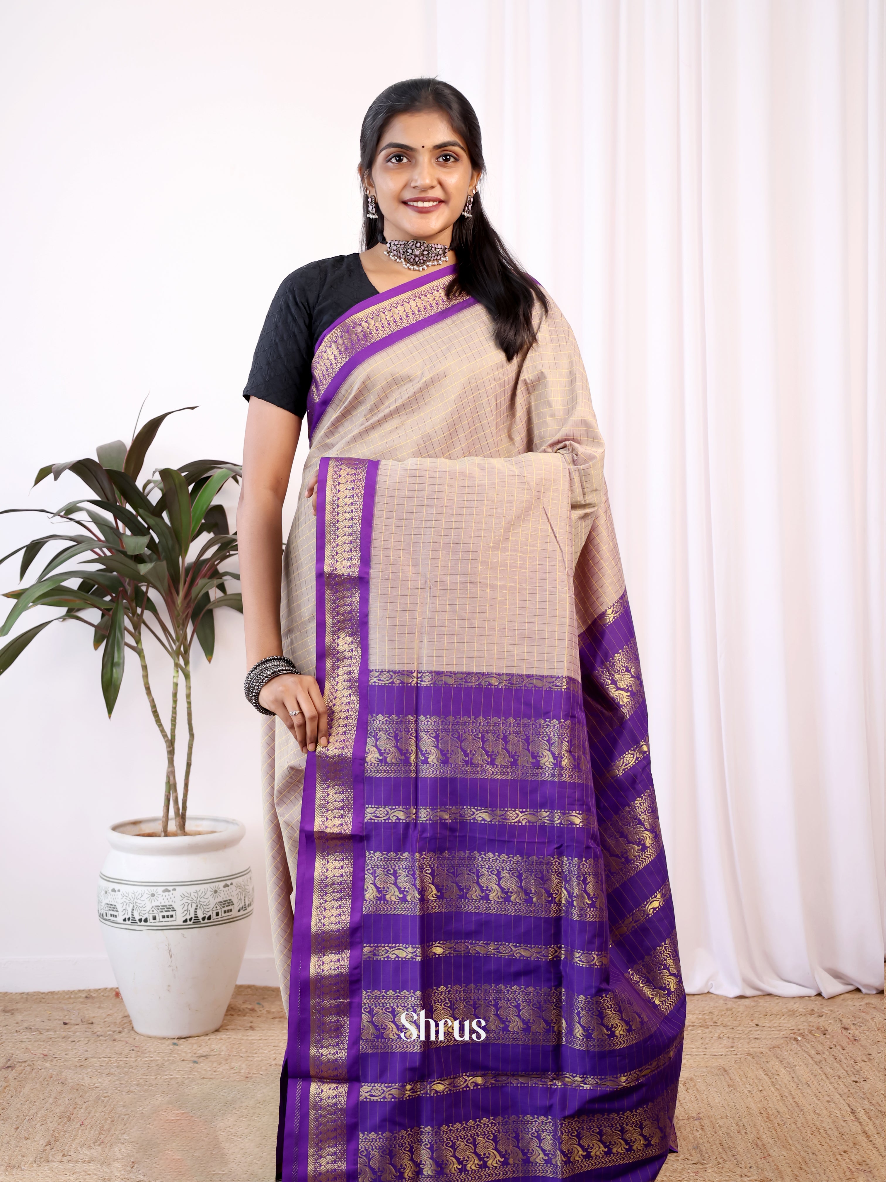 Cream & Purple- Kalyani Cotton Saree