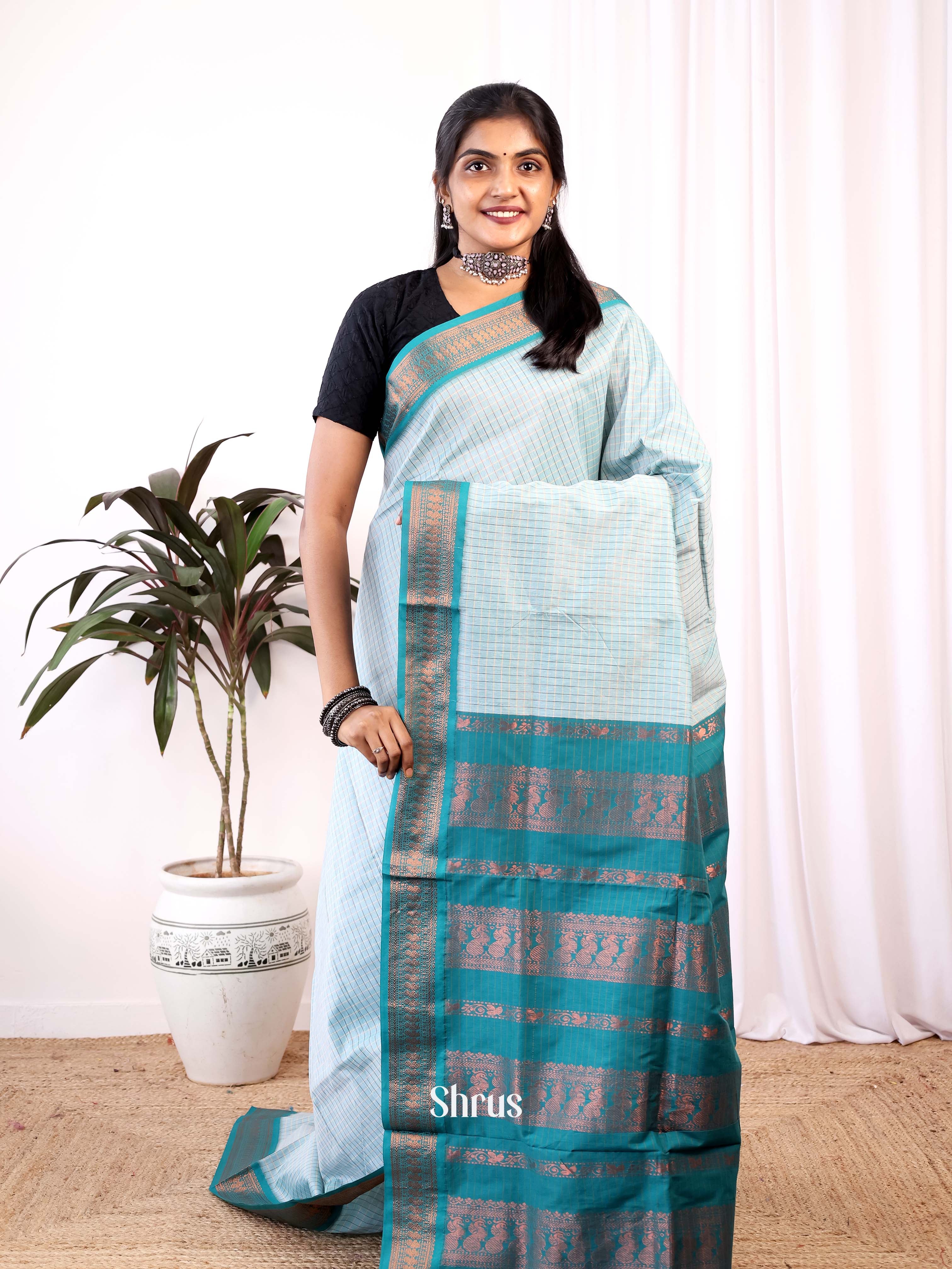 Lite Blue & Blue - Kalyani Cotton Saree