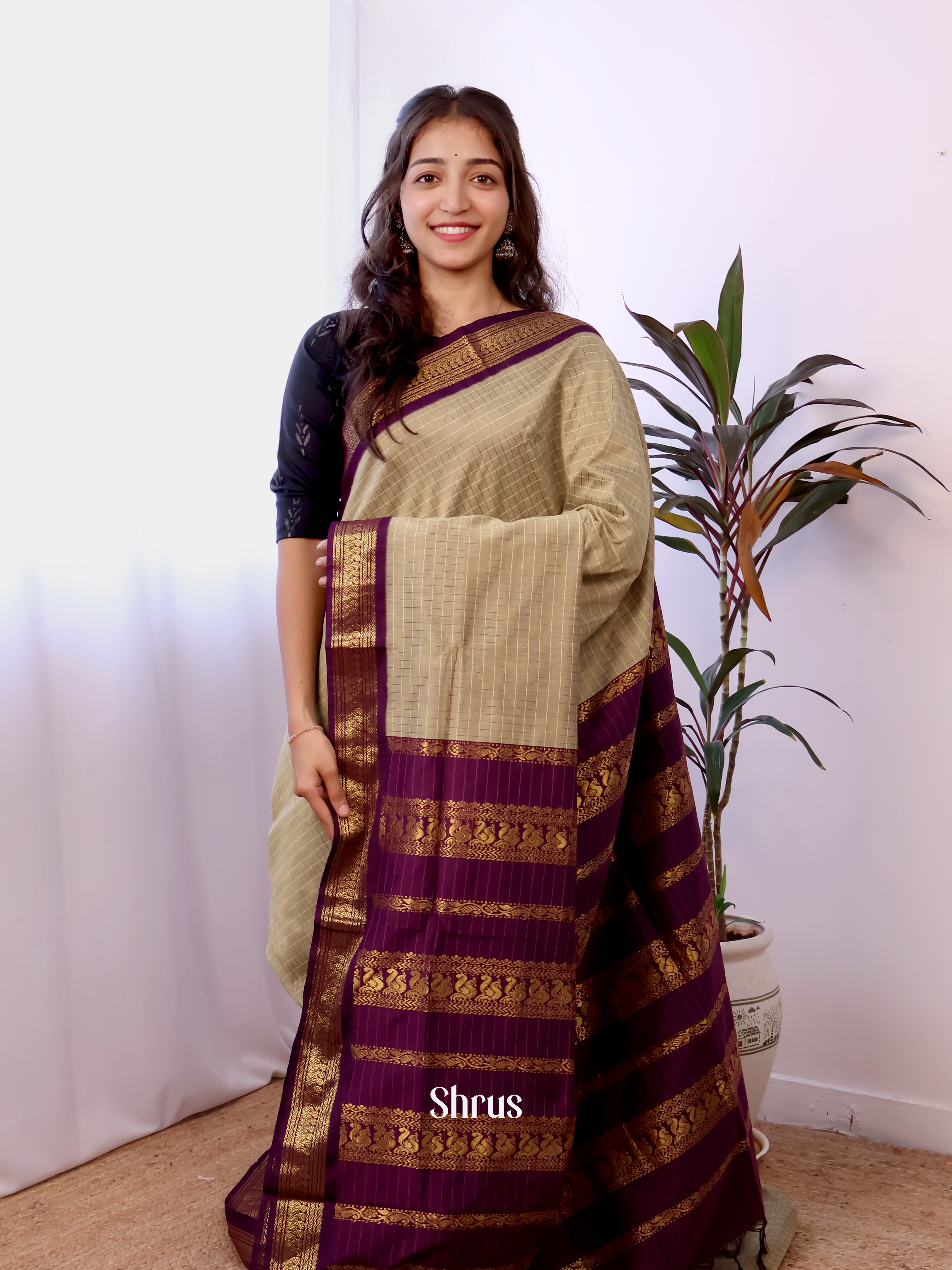 Grey & Purple  - Kalyani Cotton Saree