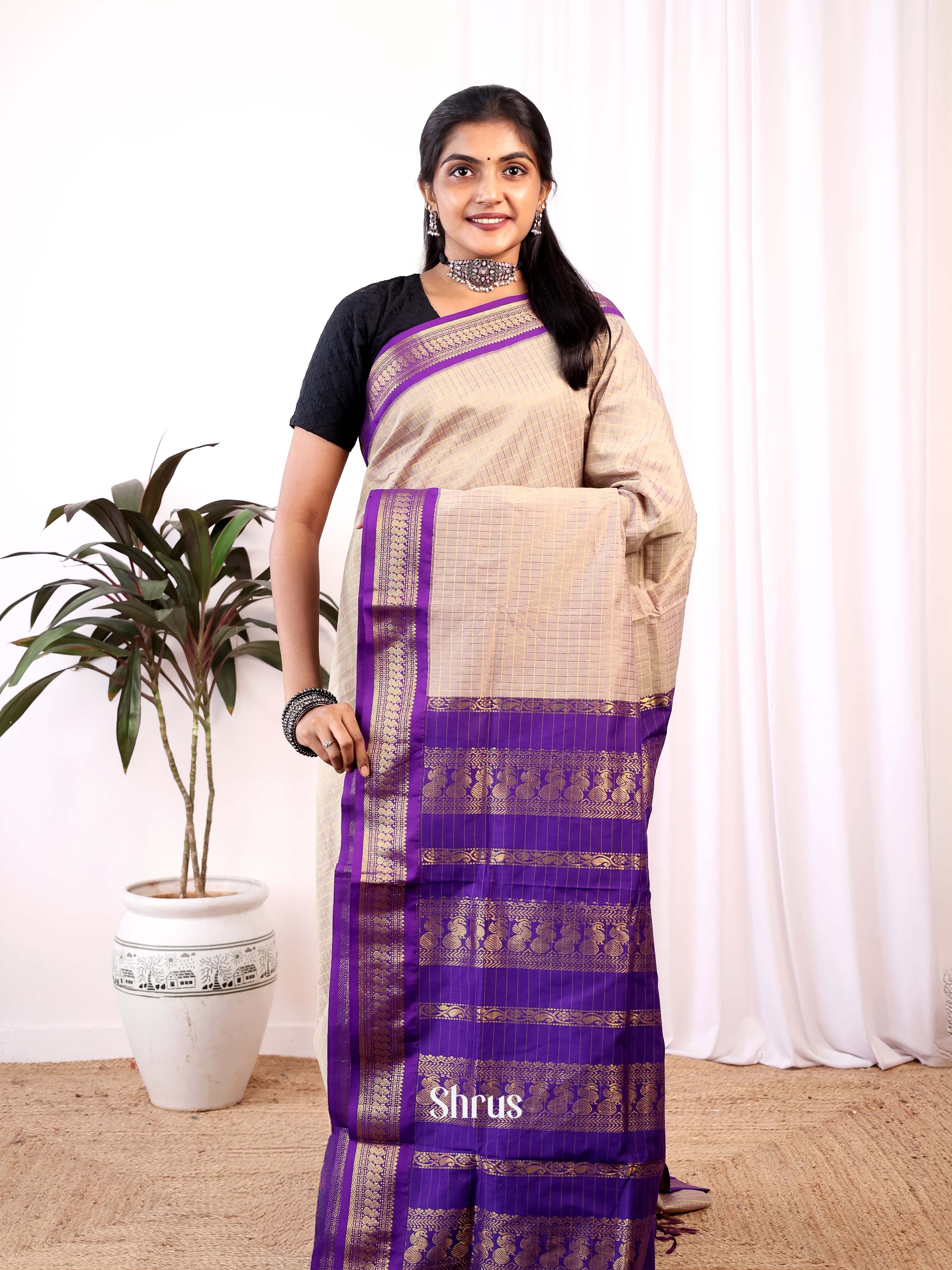 Cream & Purple - Kalyani Cotton Saree