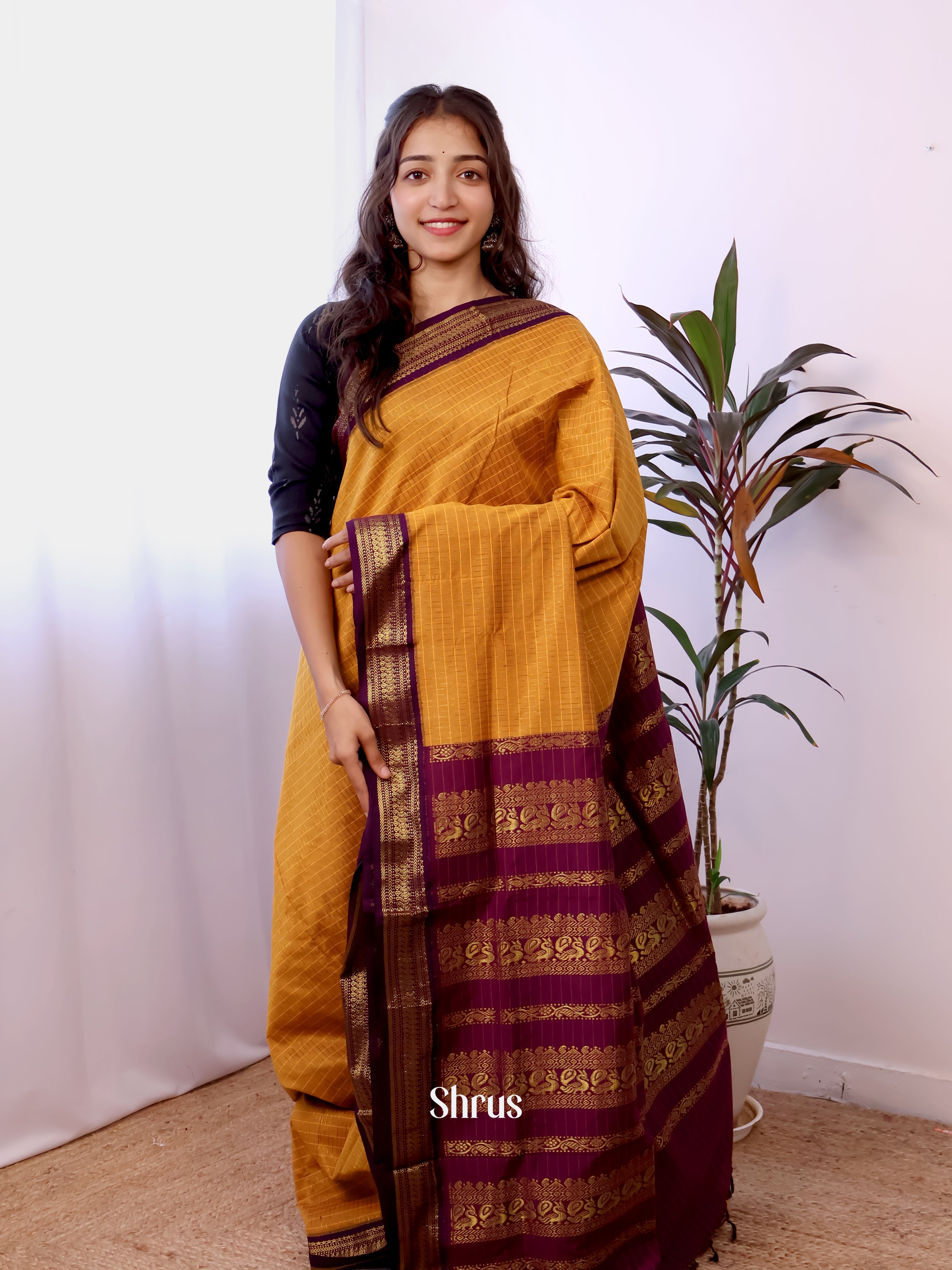 Mustard  & Purple - Kalyani Cotton Saree