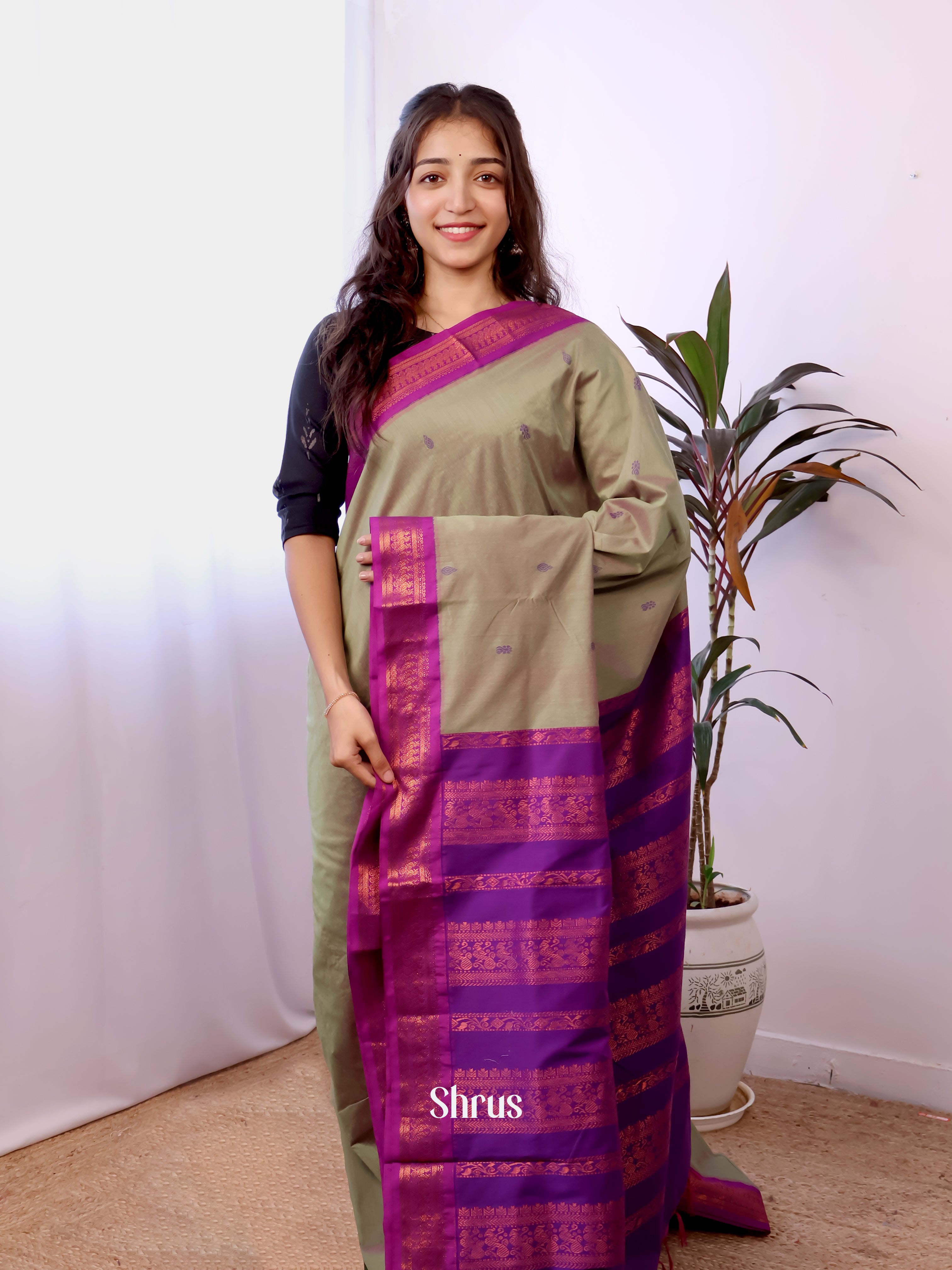 Grey & purple  - Kalyani Cotton Saree