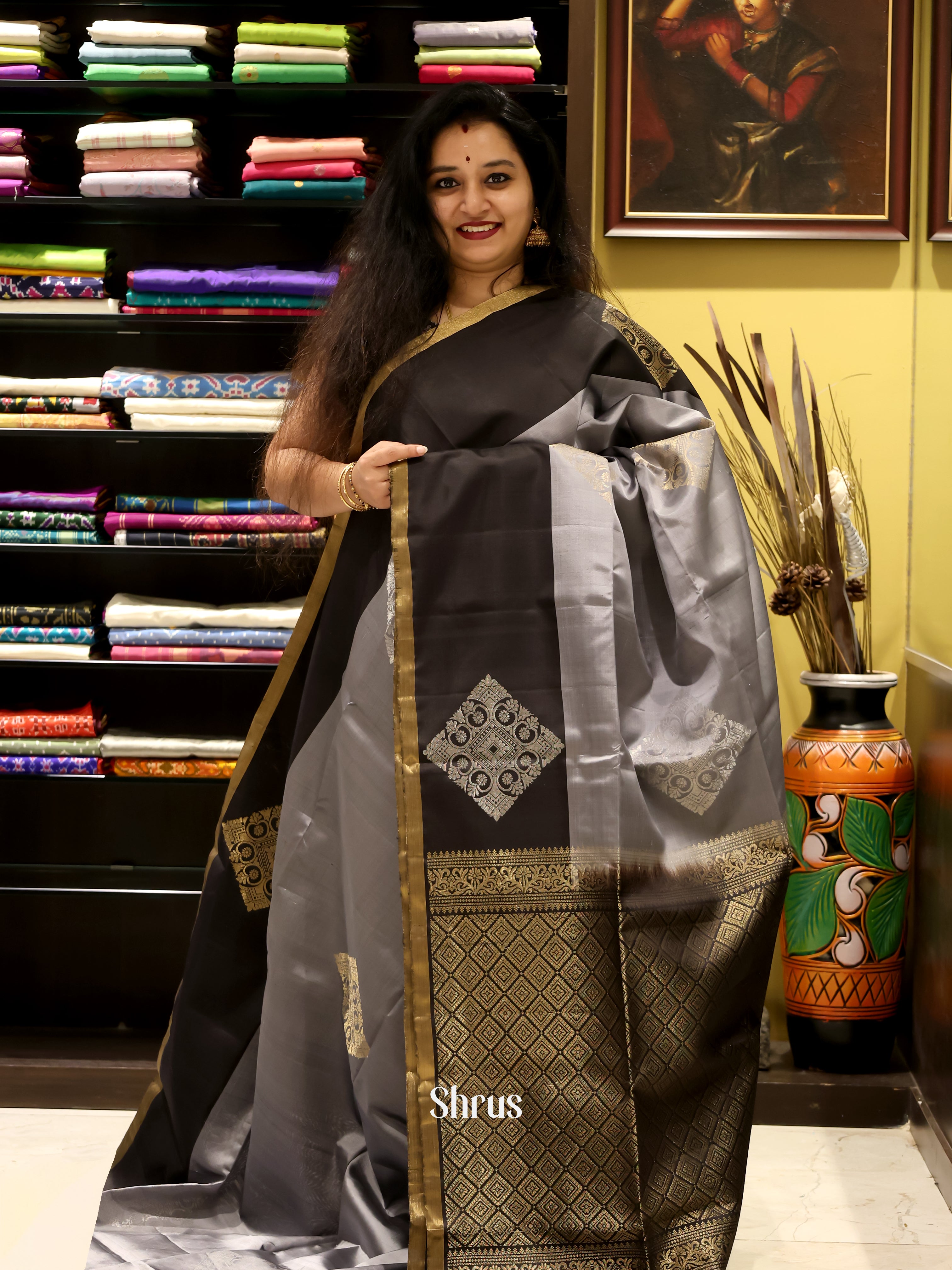 Grey & Black - Soft Silk Saree