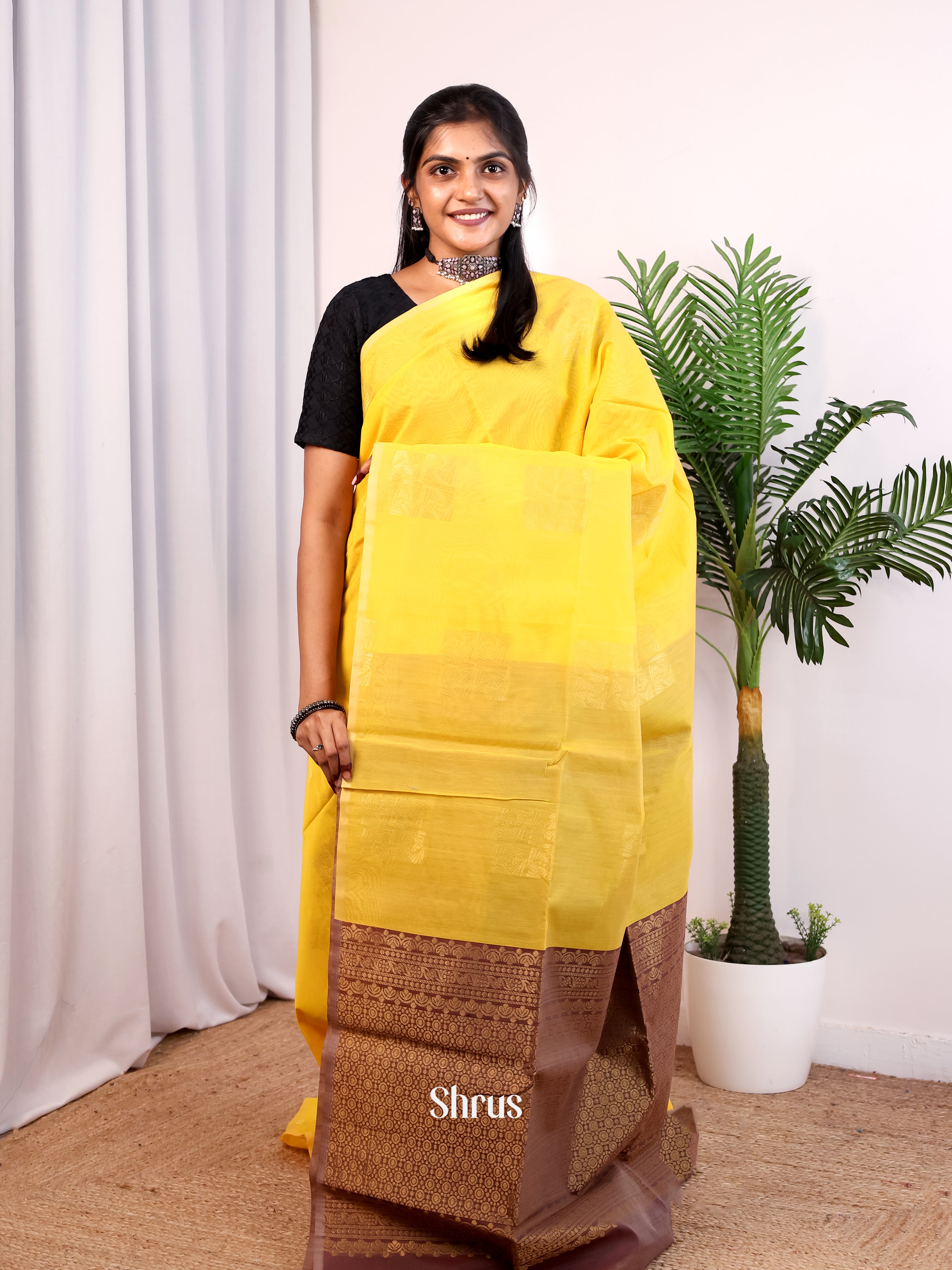 Yellow & Brown - Semi Silkcotton Saree