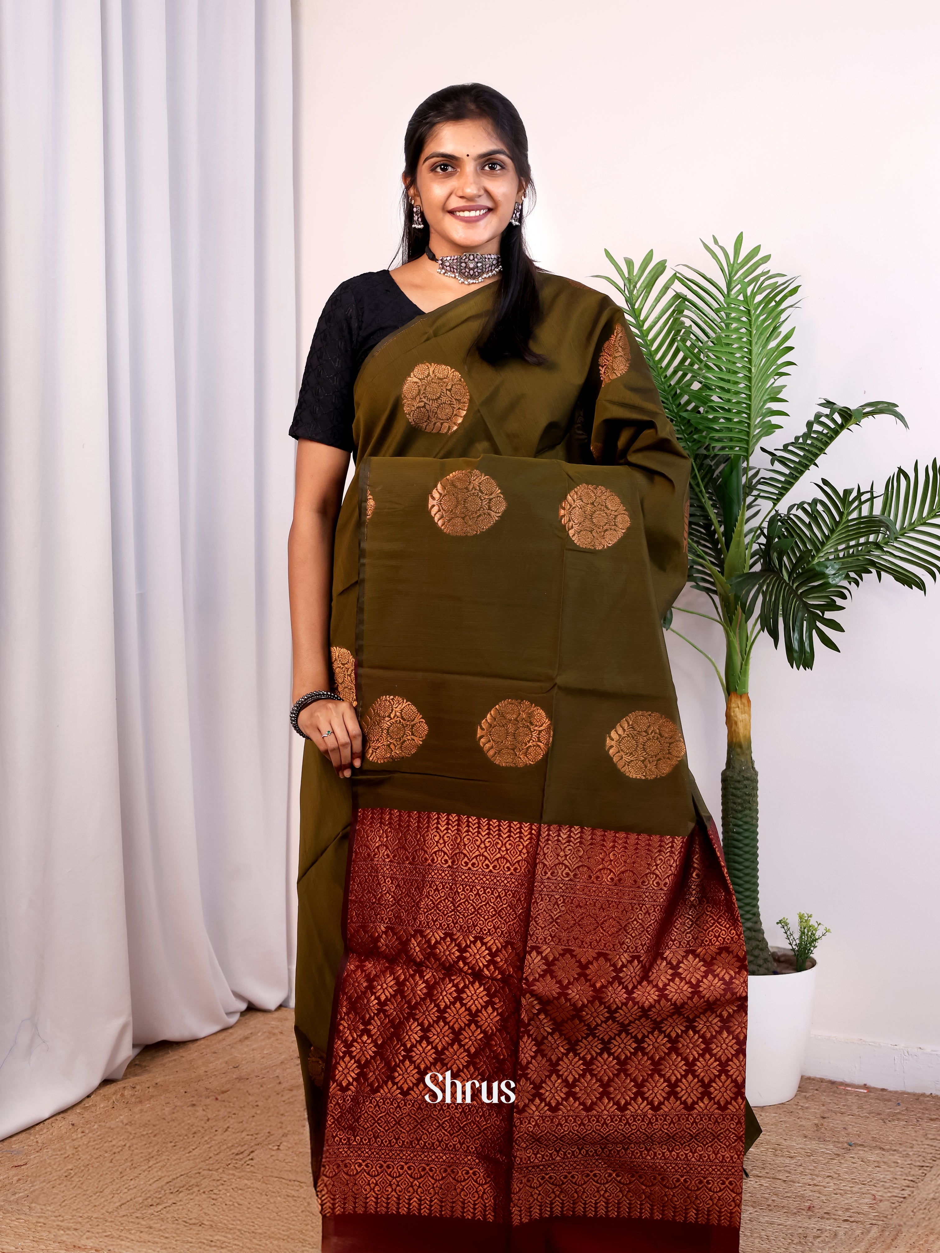 Army Green & Maroon - Semi Silkcotton Saree