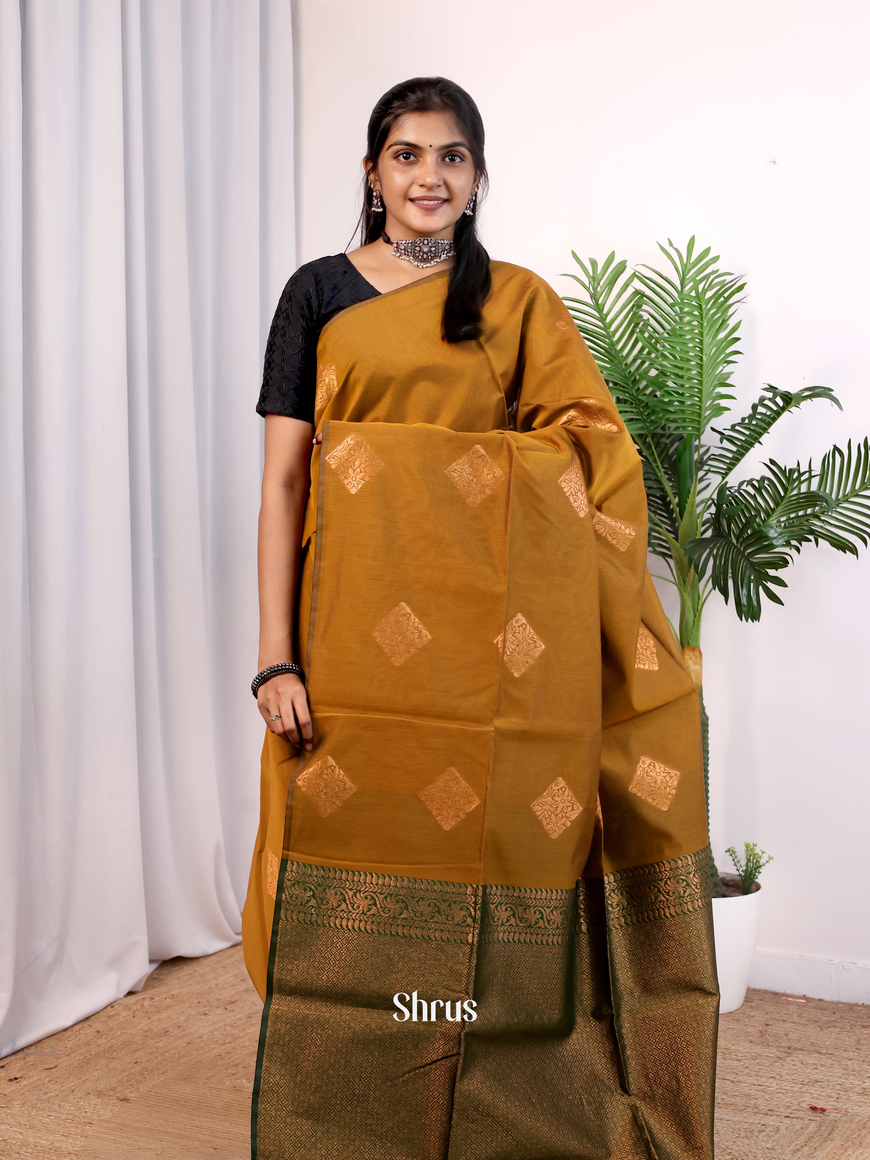 Brown & Green - Semi Silkcotton Saree