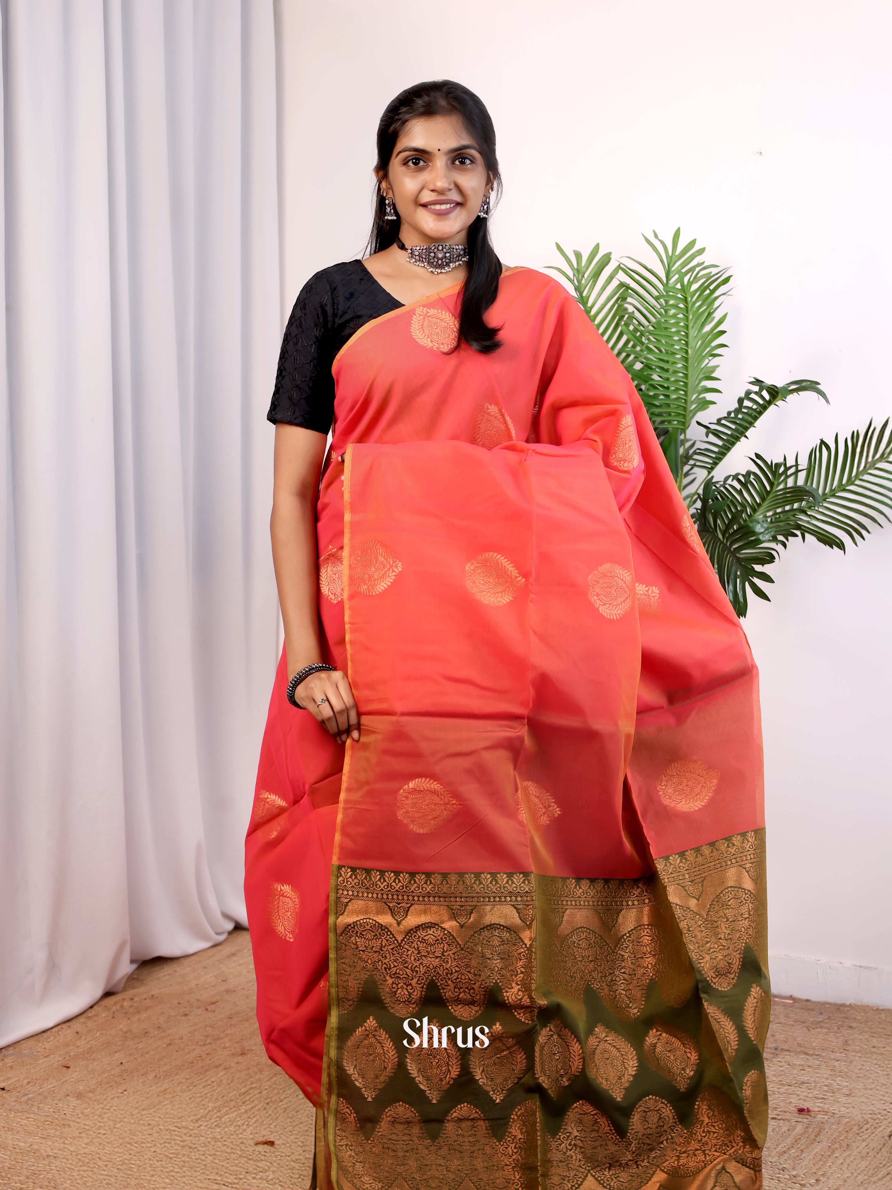 Orangish Pink & Green - Semi Silkcotton Saree