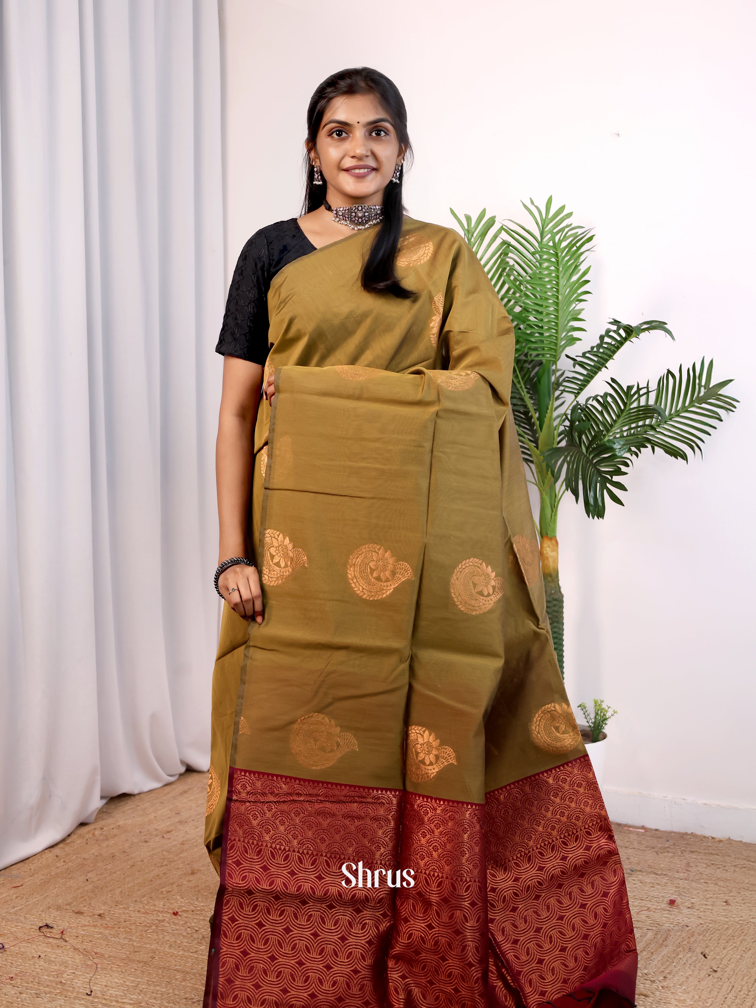 Green & Maroon - Semi Silkcotton Saree