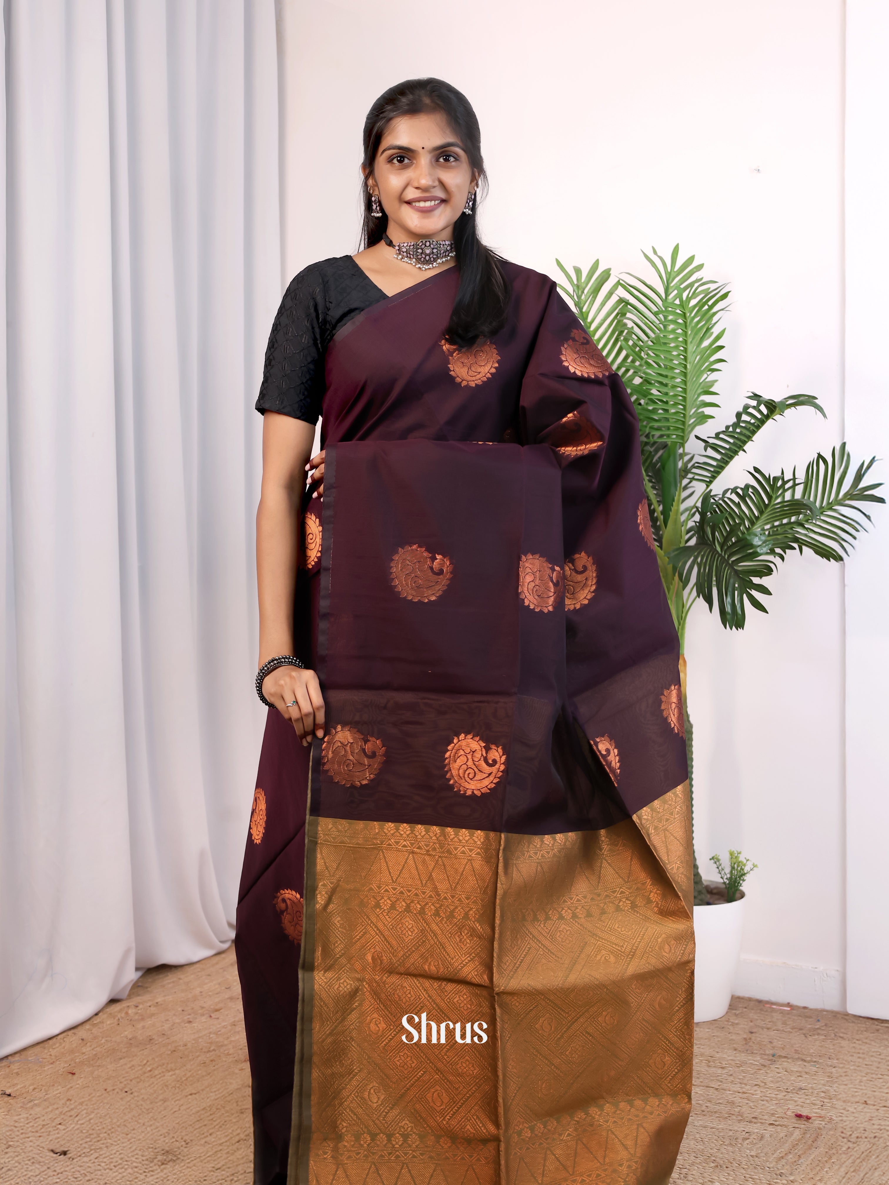 Brown & Green - Semi Silkcotton Saree