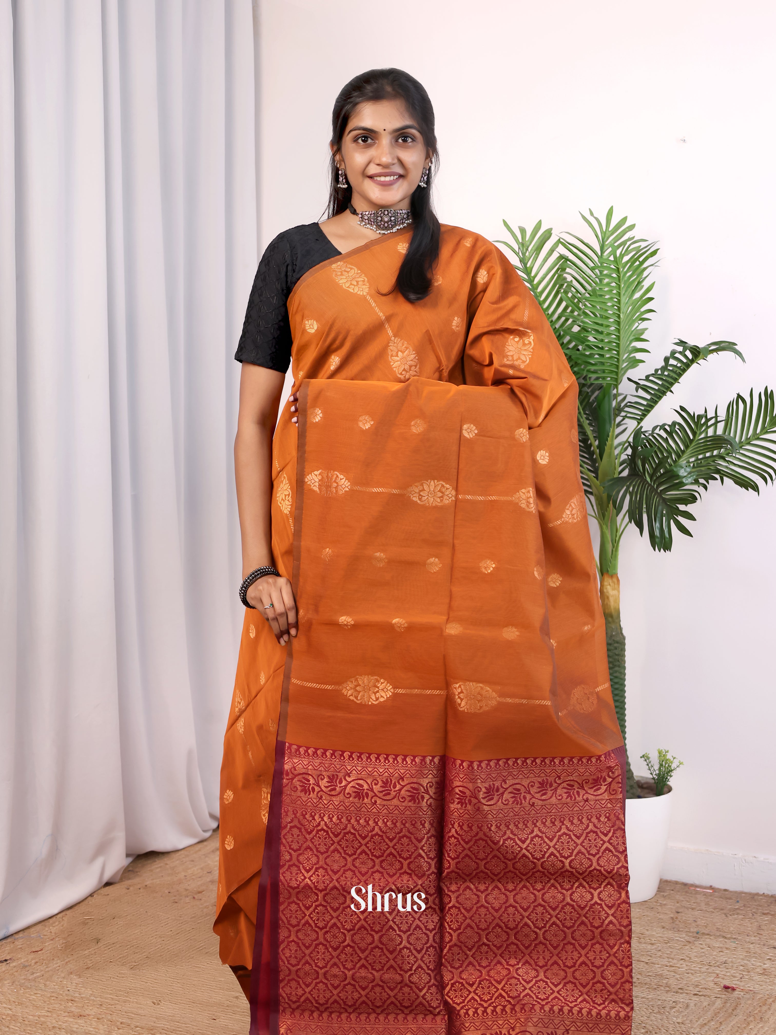 Brick & Maroon - Semi Silkcotton Saree