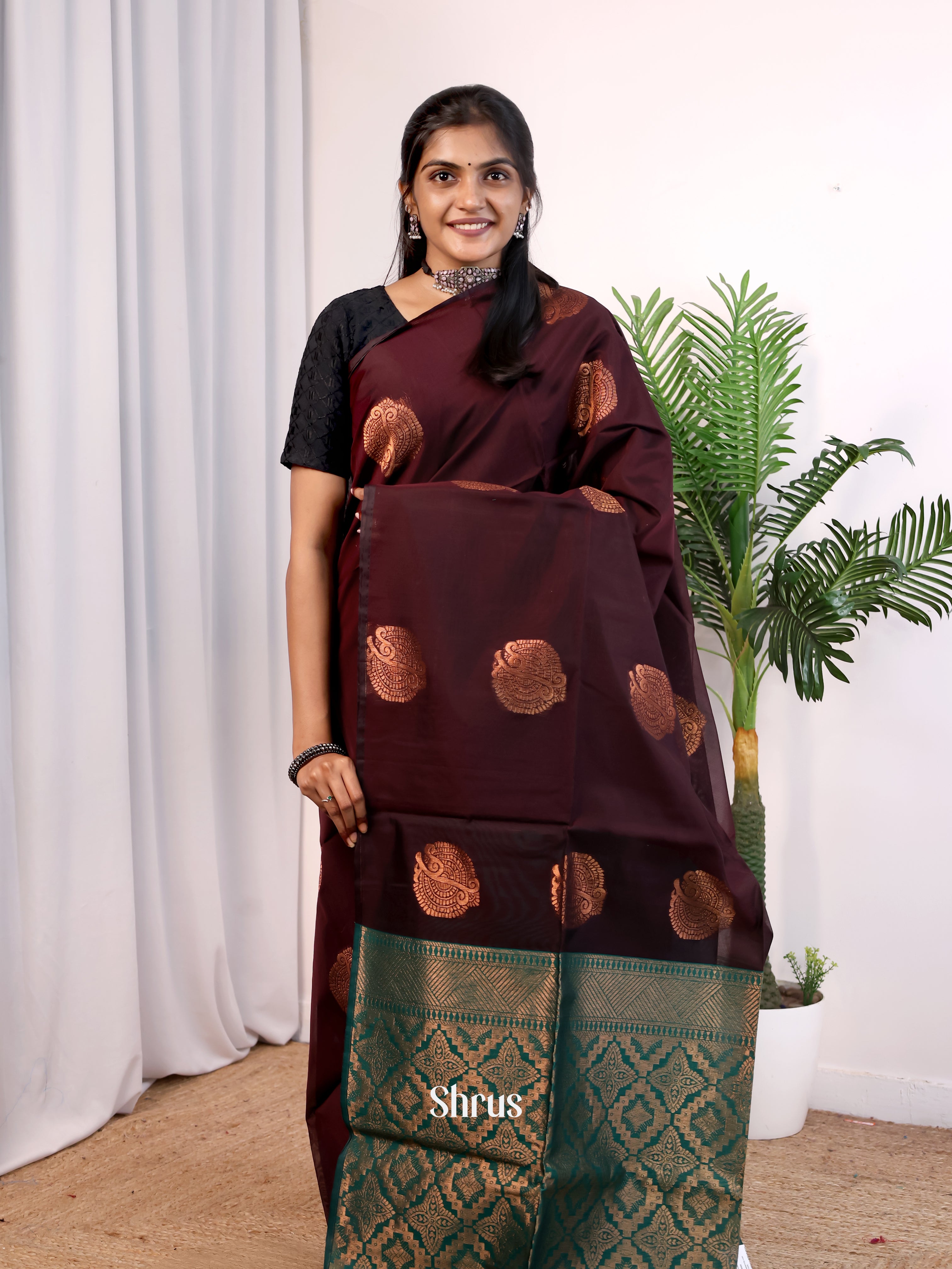 Brown & Green - Semi Silkcotton Saree