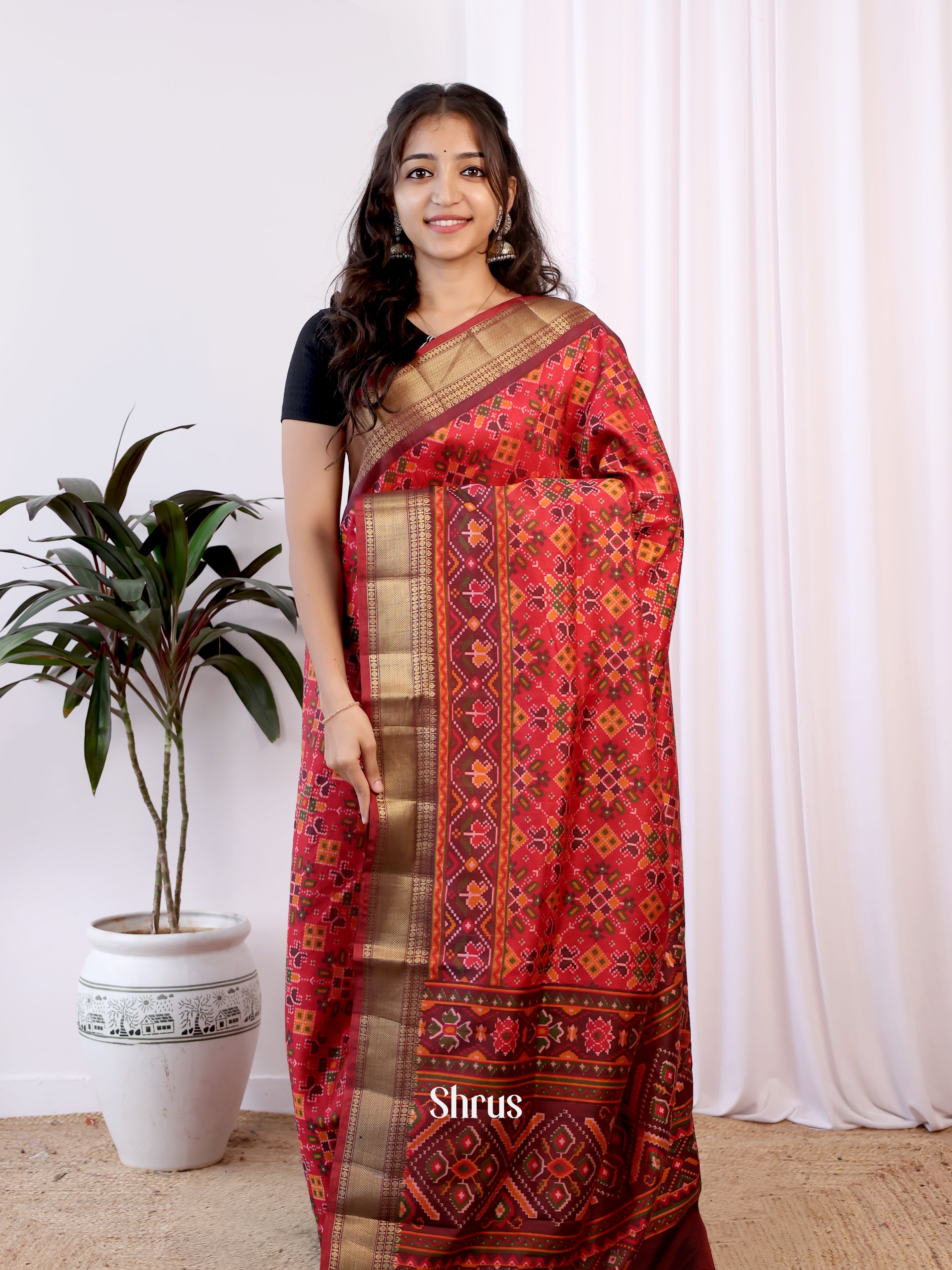 Red & Maroon- Semi Patola Saree