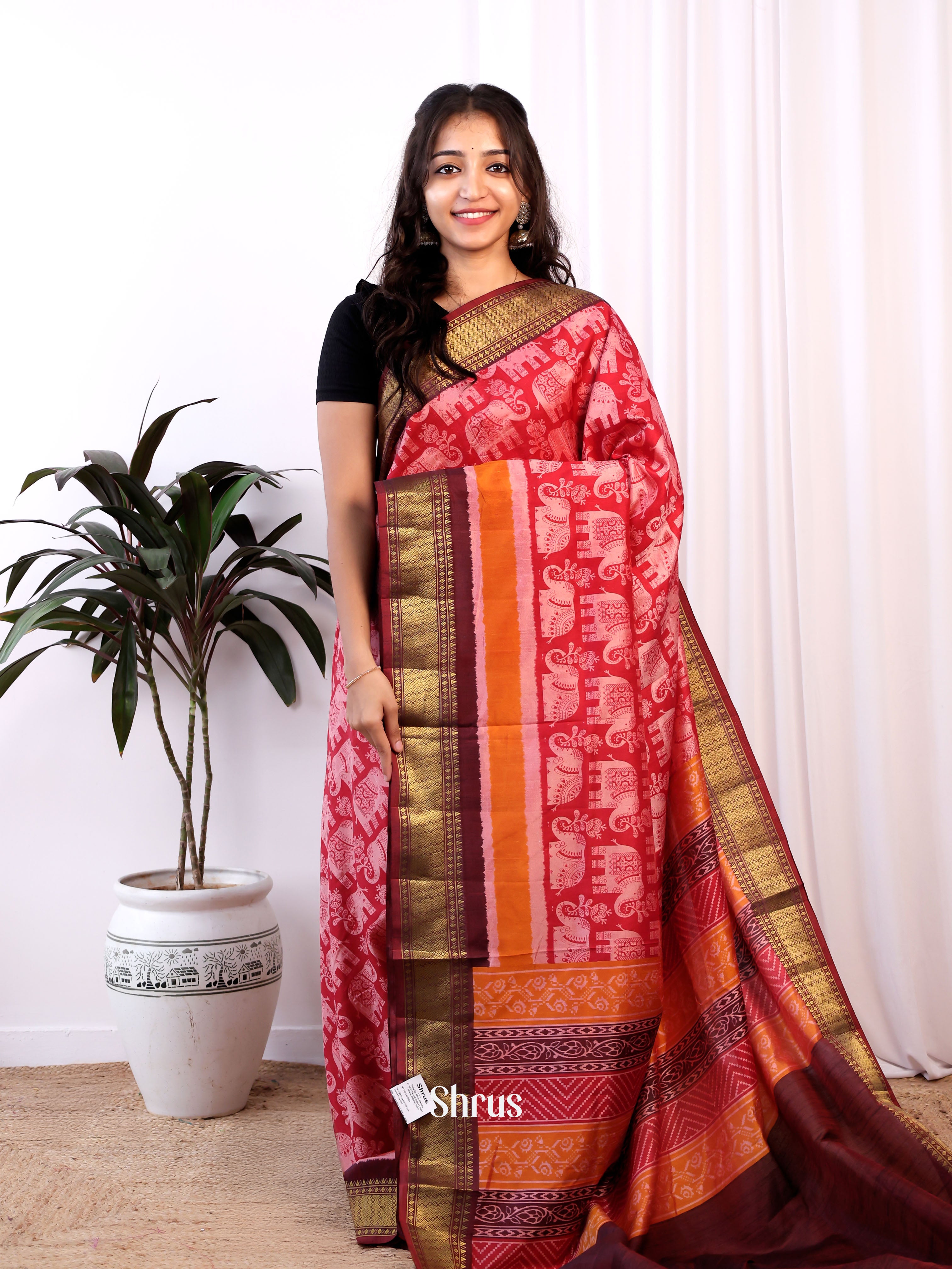 Red & Brown - Semi Patola Saree