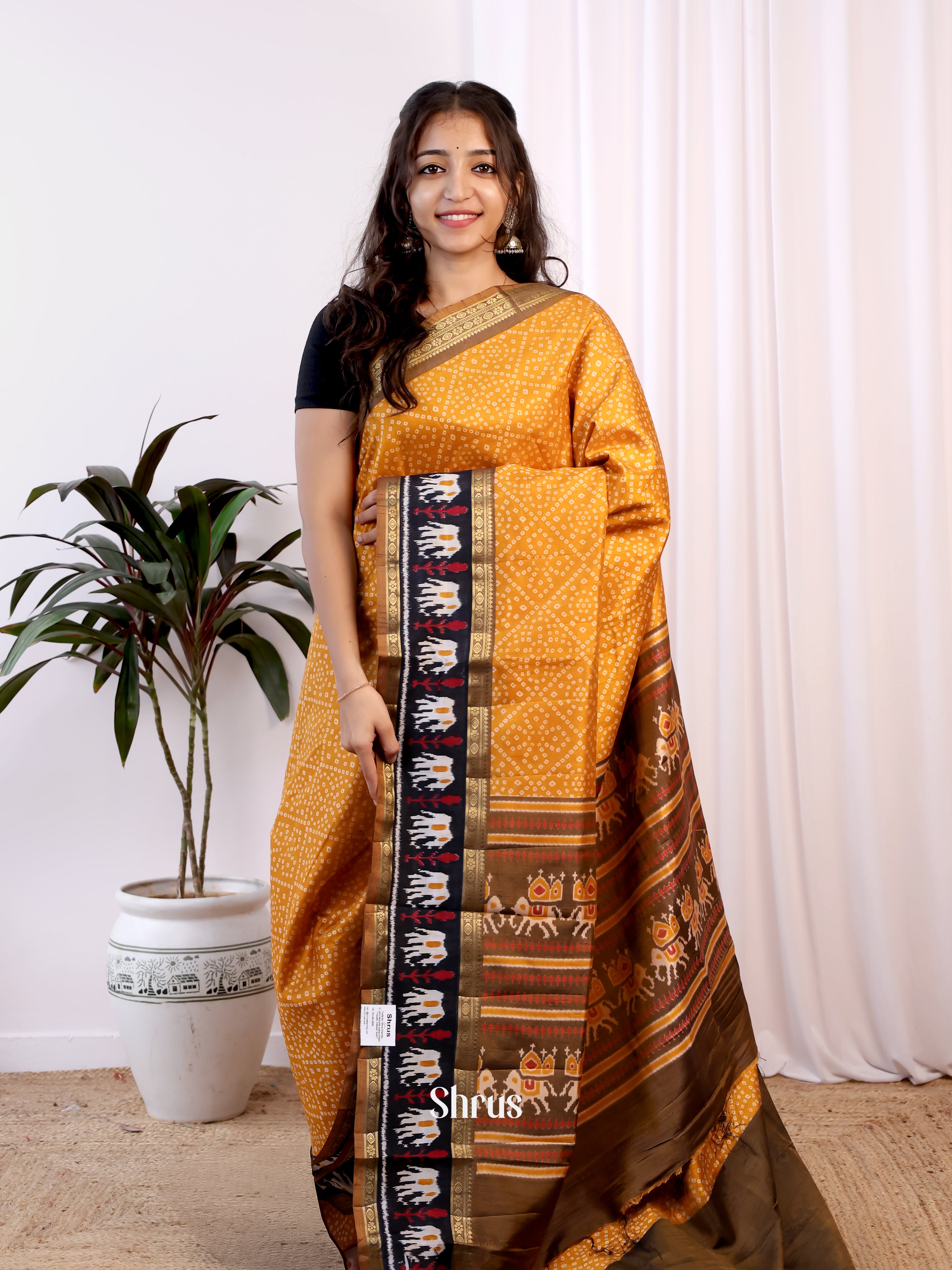 Mustard & Brown - Semi Patola Saree