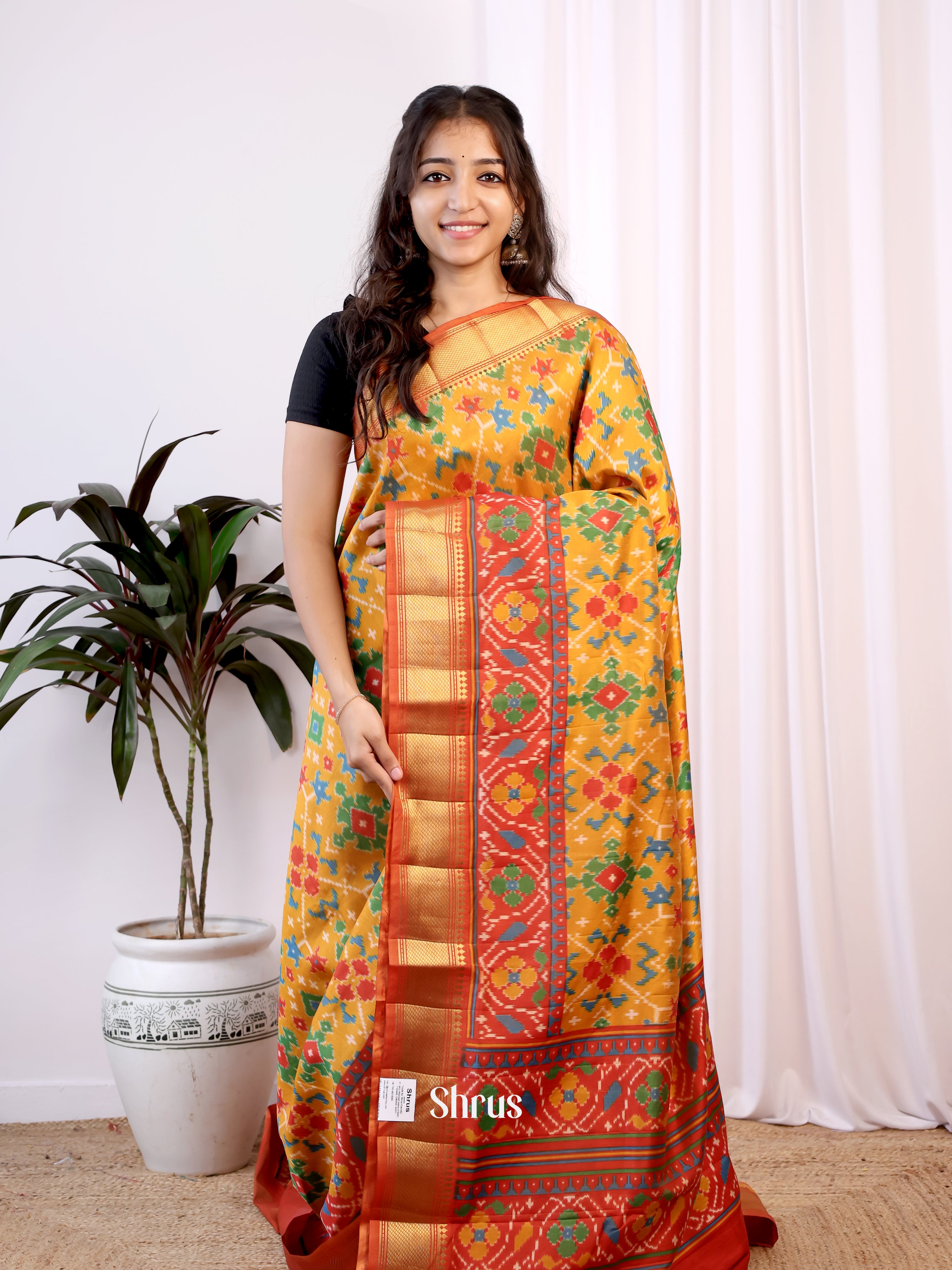 Mustard & Red - Semi Patola Saree