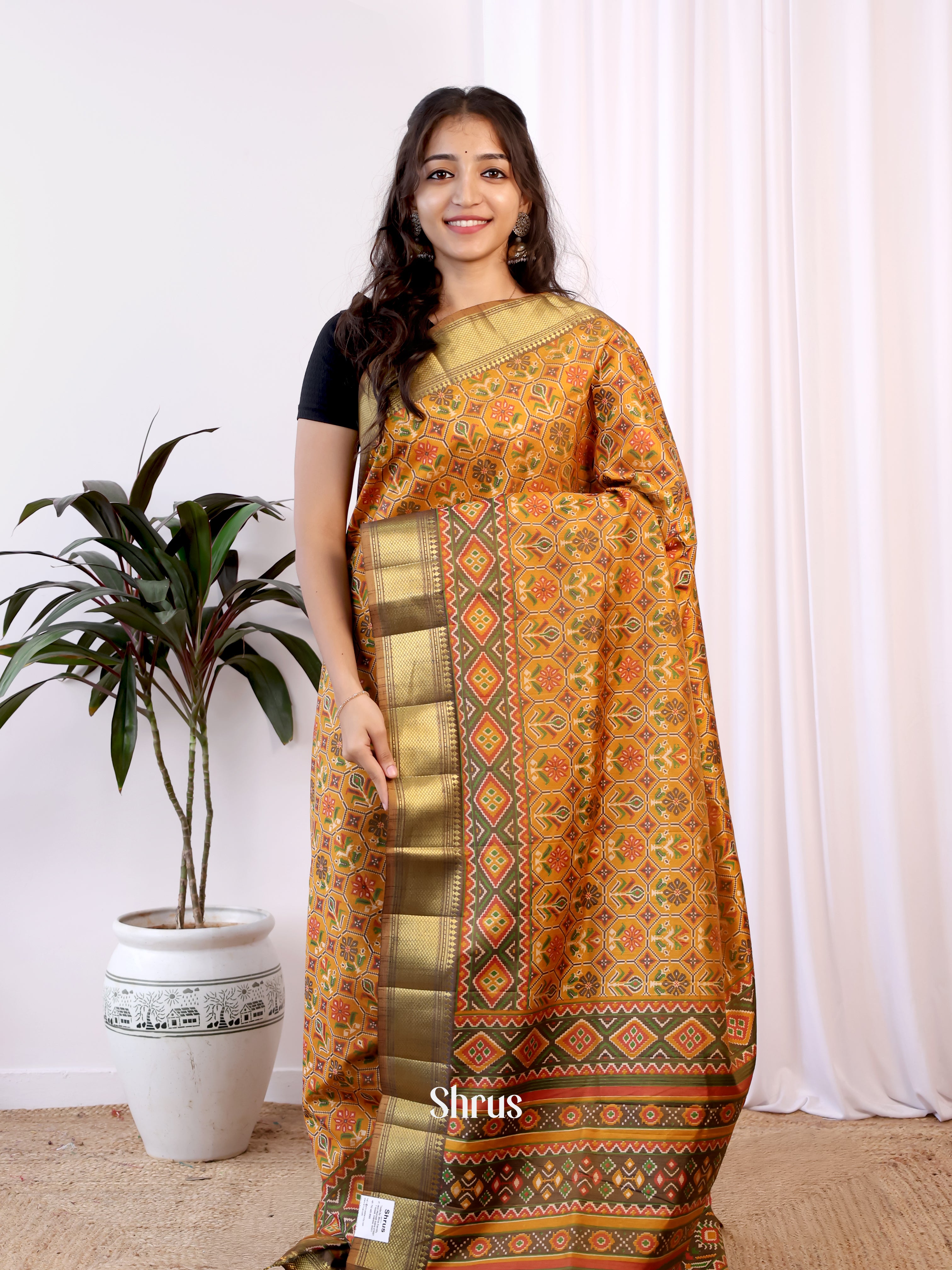 Mustard & Brown - Semi Patola Saree