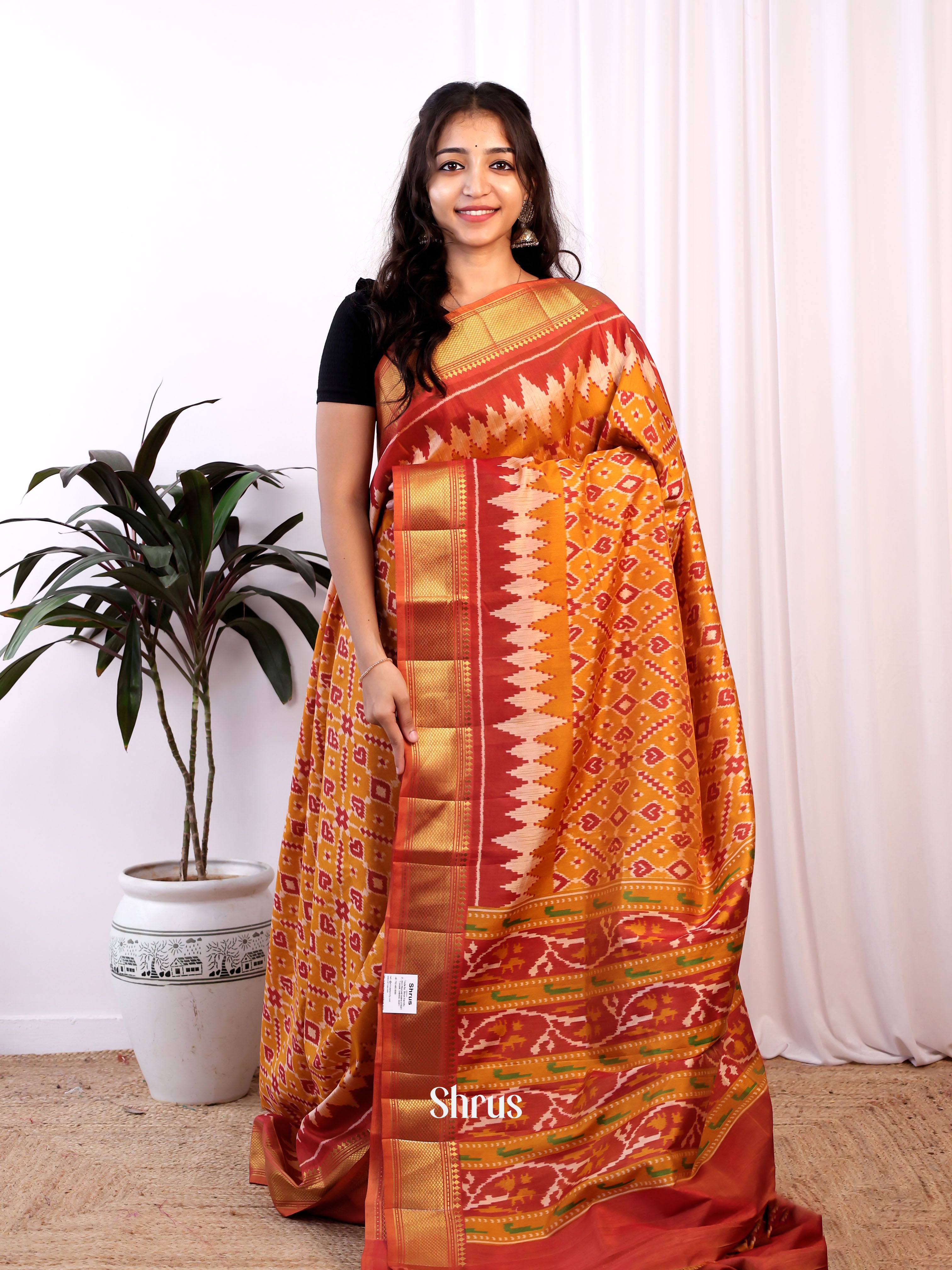 Mustard & Red - Semi Patola Saree