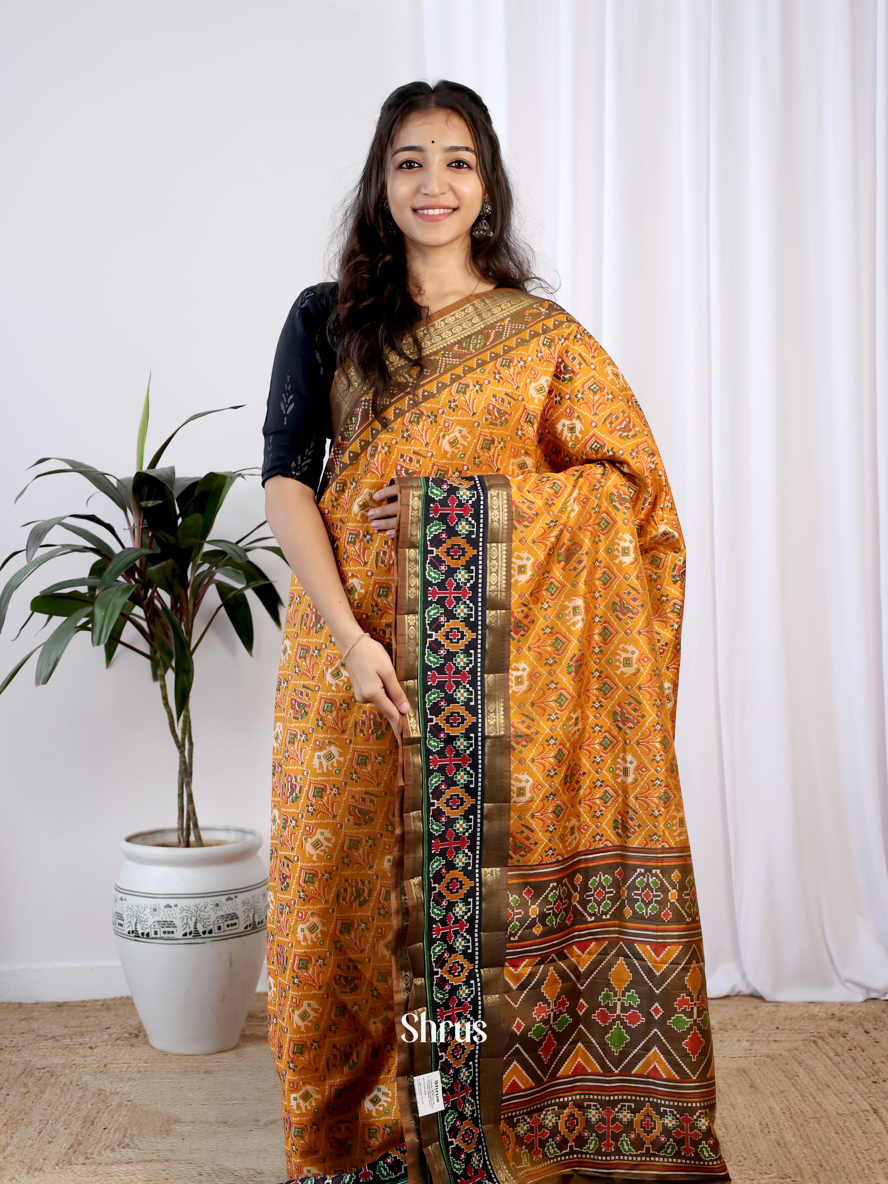 Mustard & Army Green - Semi Patola Saree