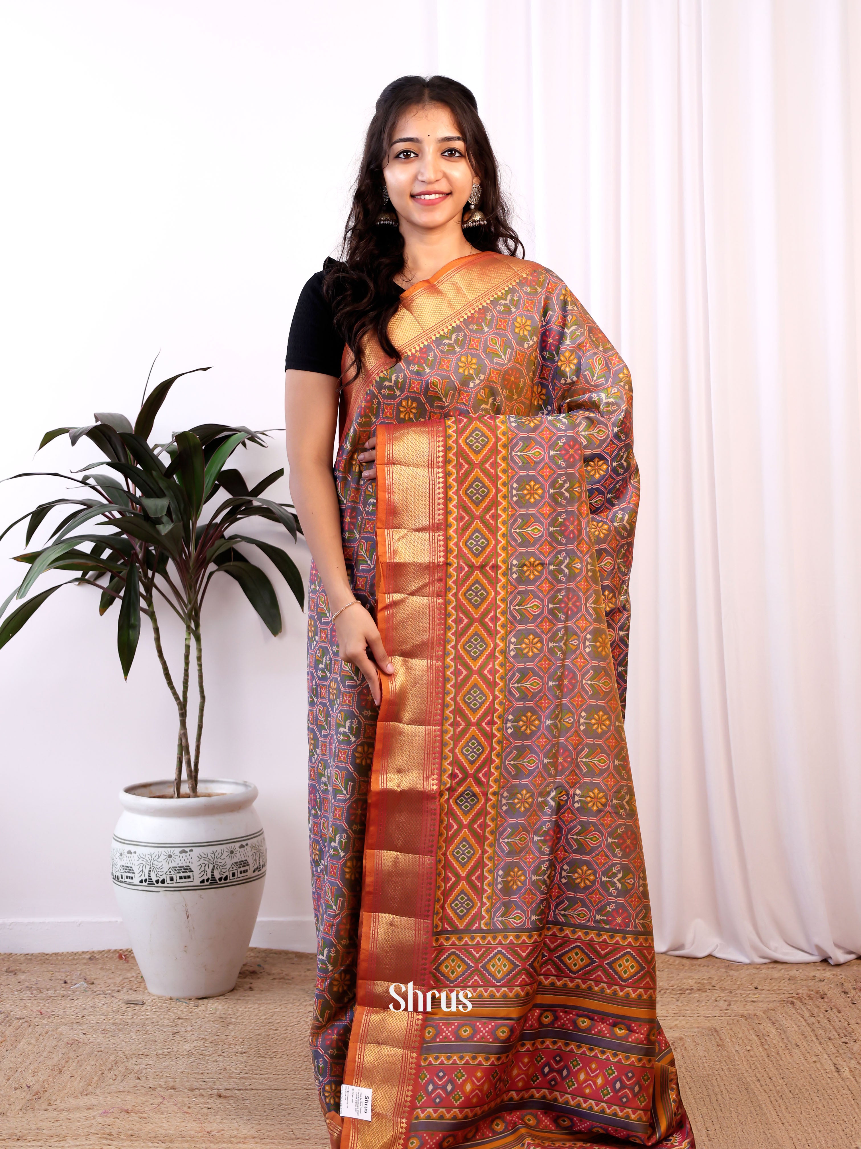 Grey & Orange - Semi Patola Saree