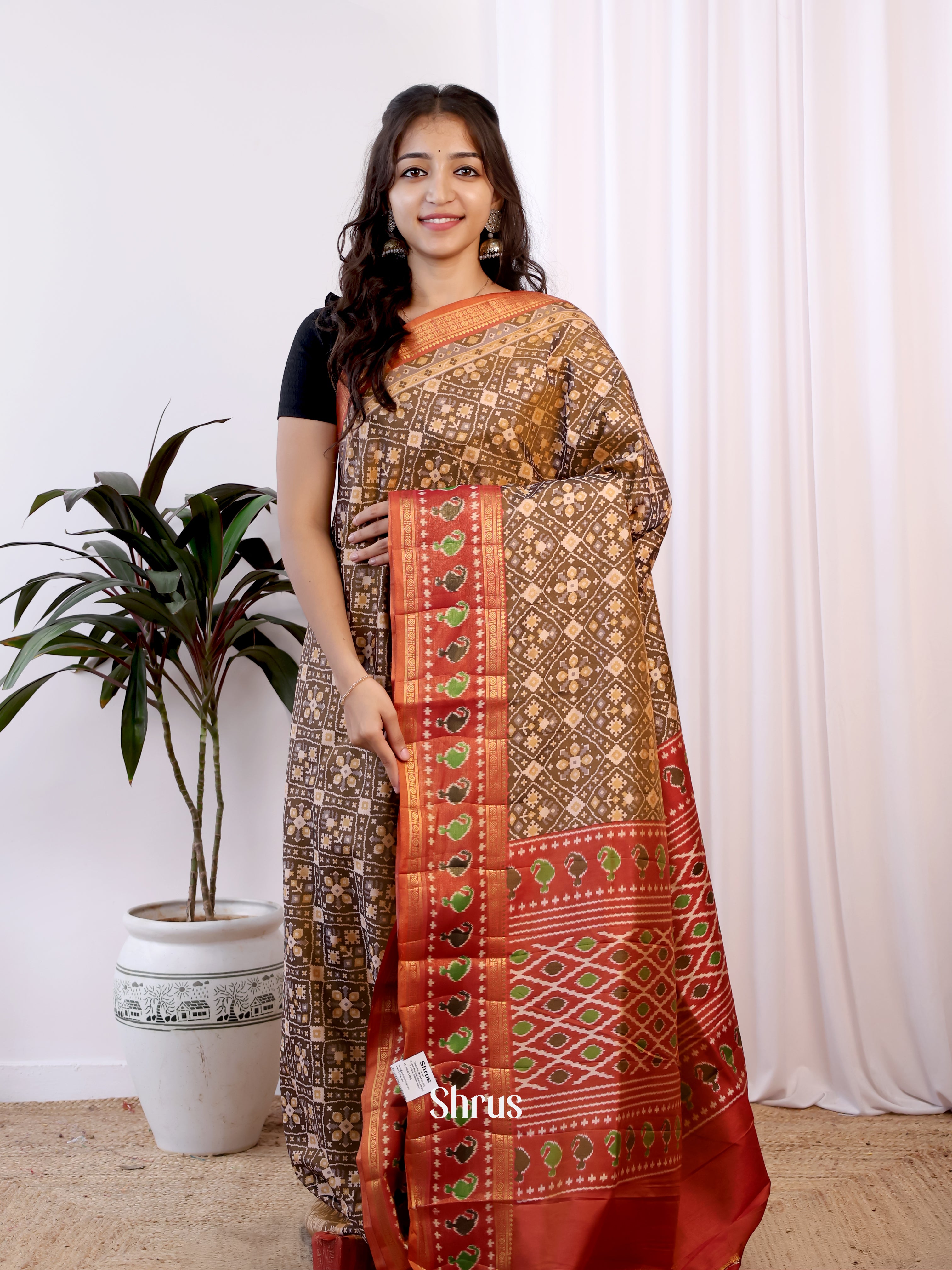 Brown & Brick- Semi Patola Saree