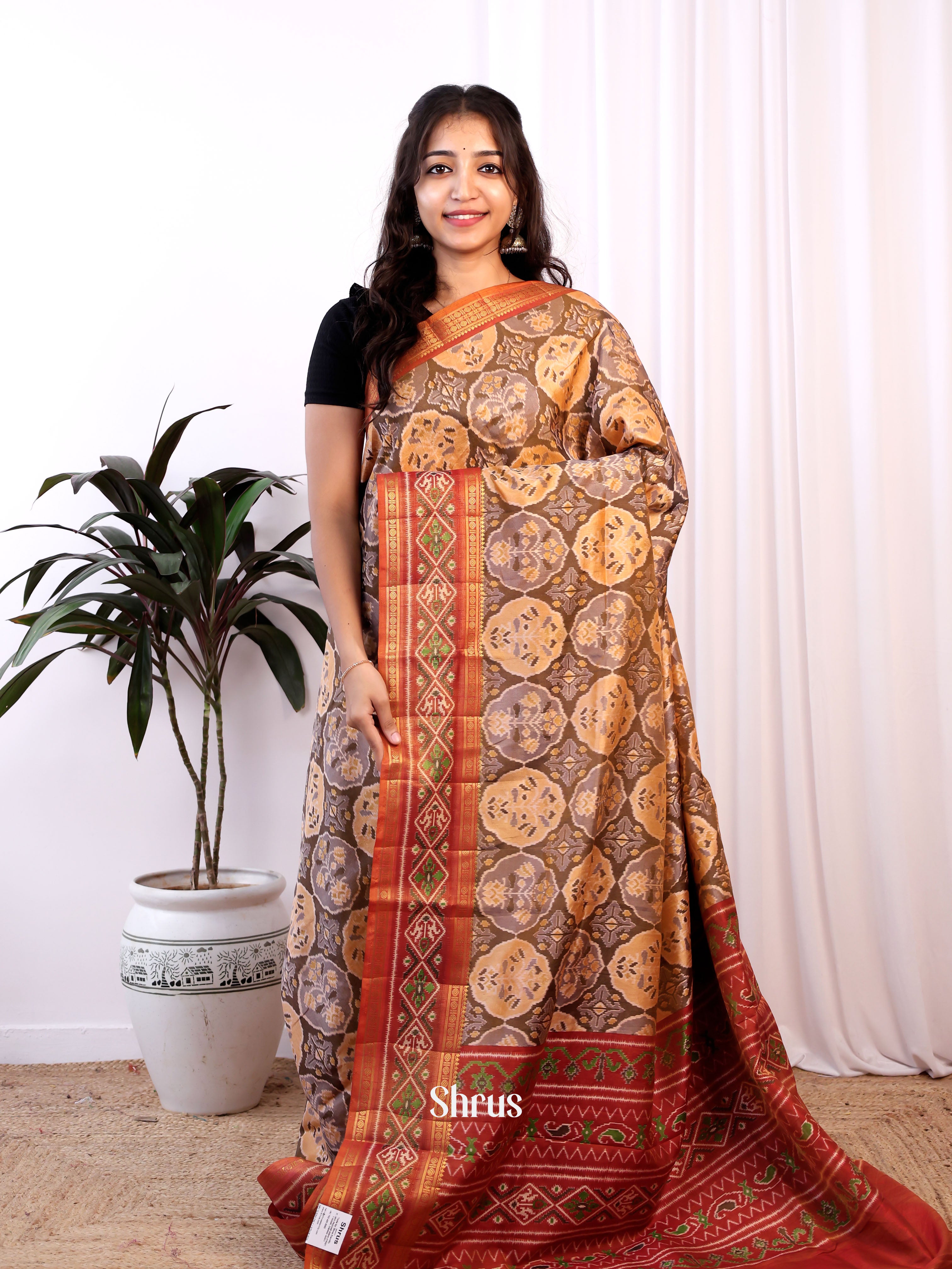 Brown & Brick- Semi Patola Saree