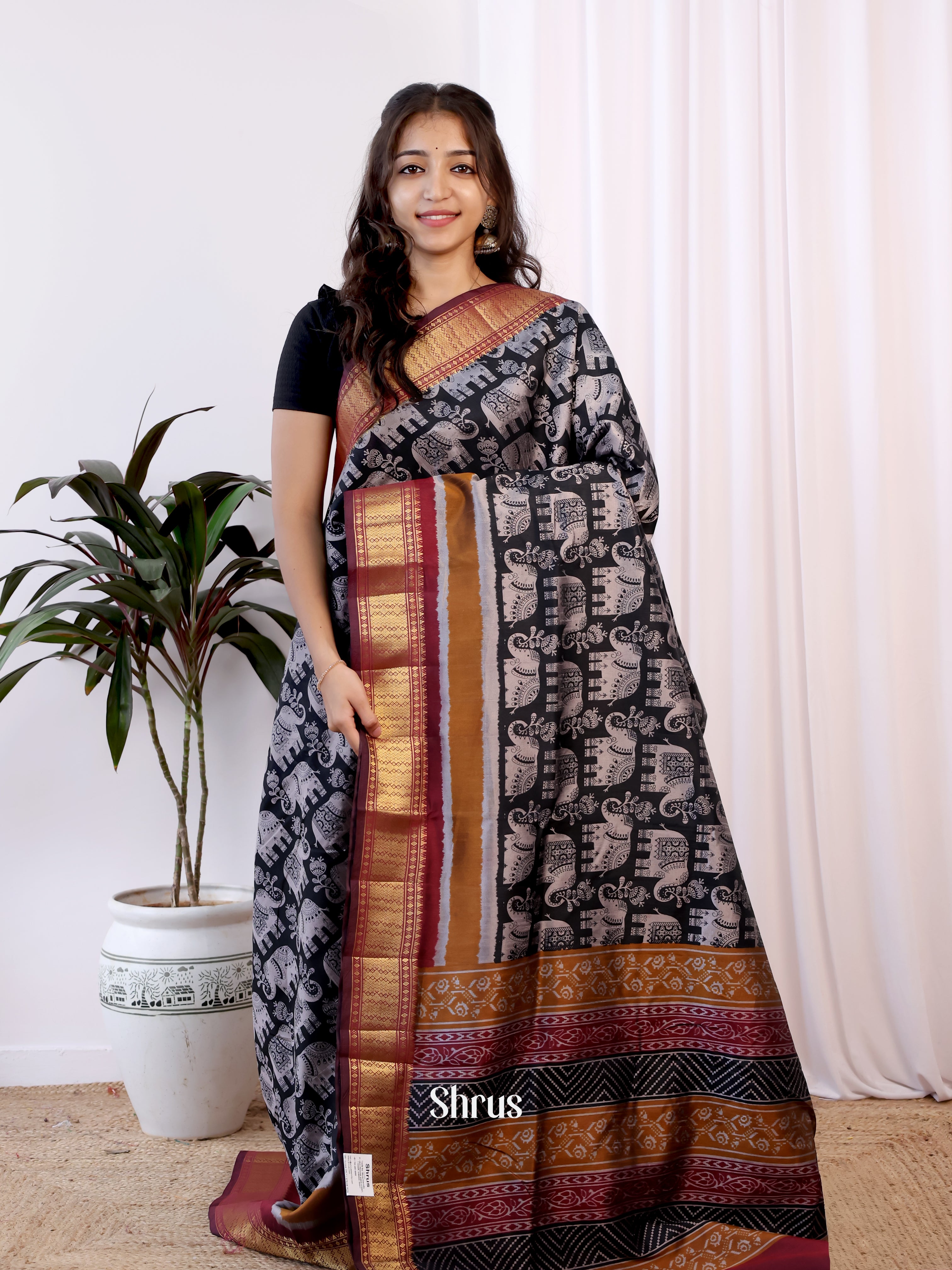 Black & Maroon - Semi Patola Saree