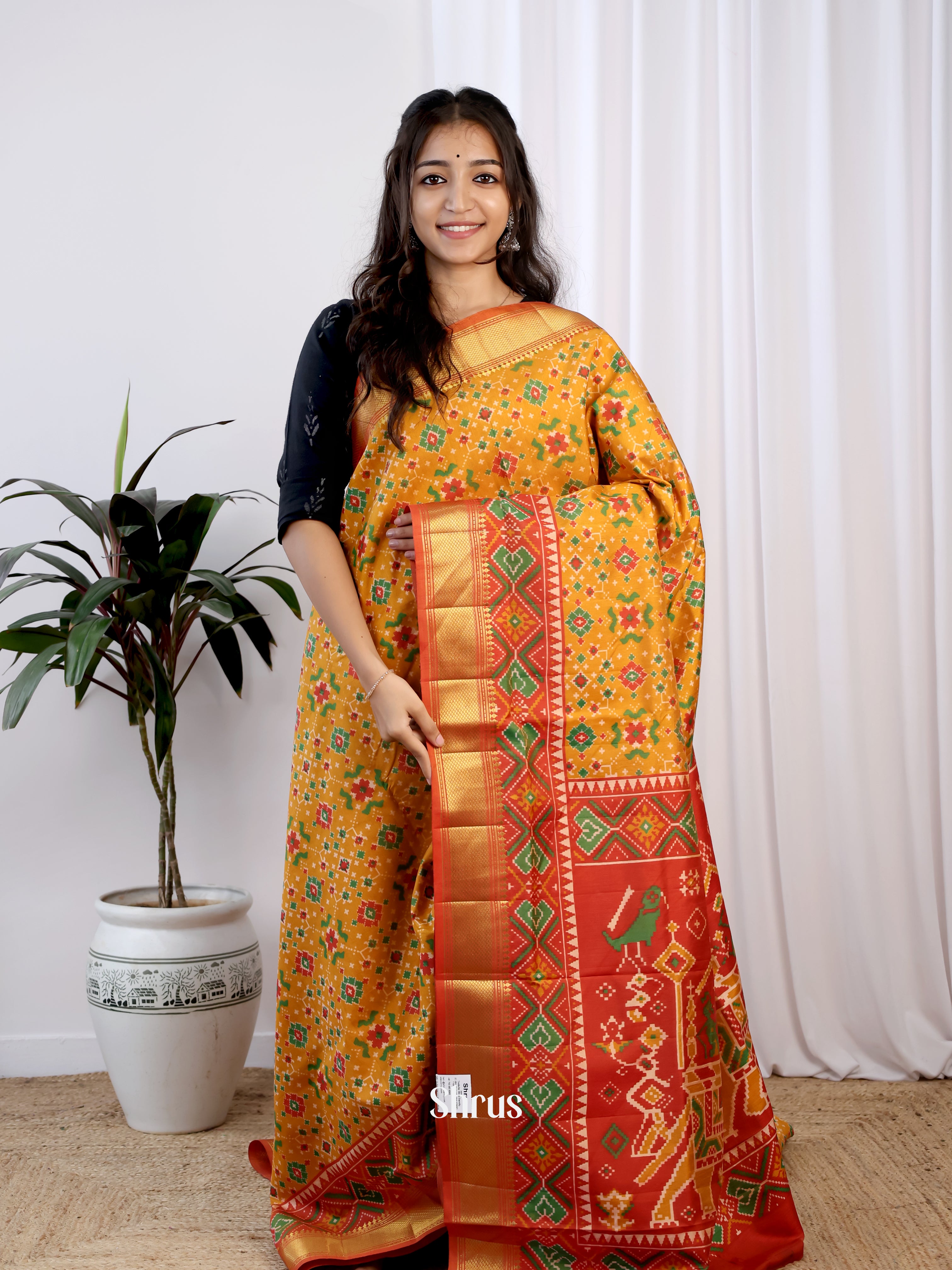 Mustard & Red - Semi Patola Saree