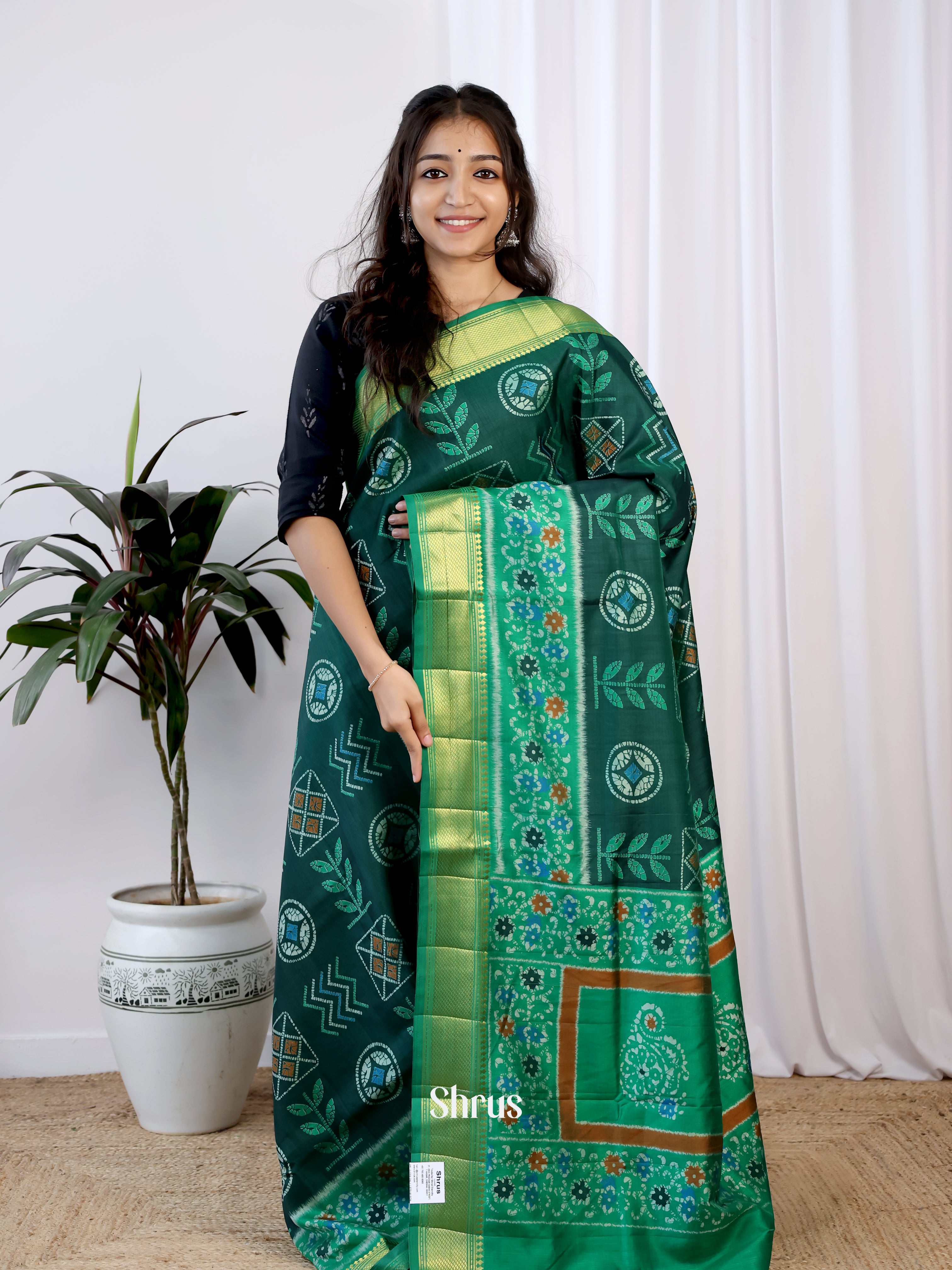 Dark Green & Green - Semi Patola Saree - Shop on Shrus.com