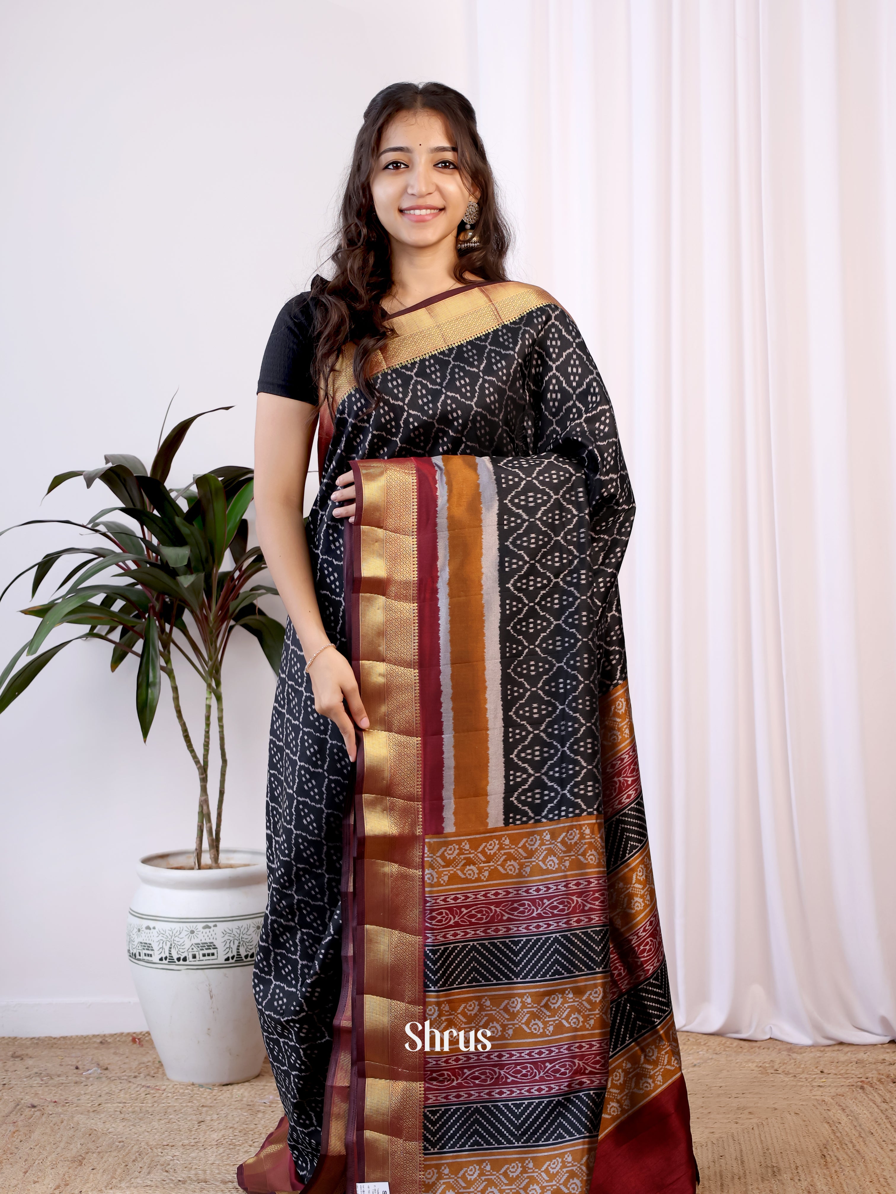 Black & Maroon  - Semi Patola Saree