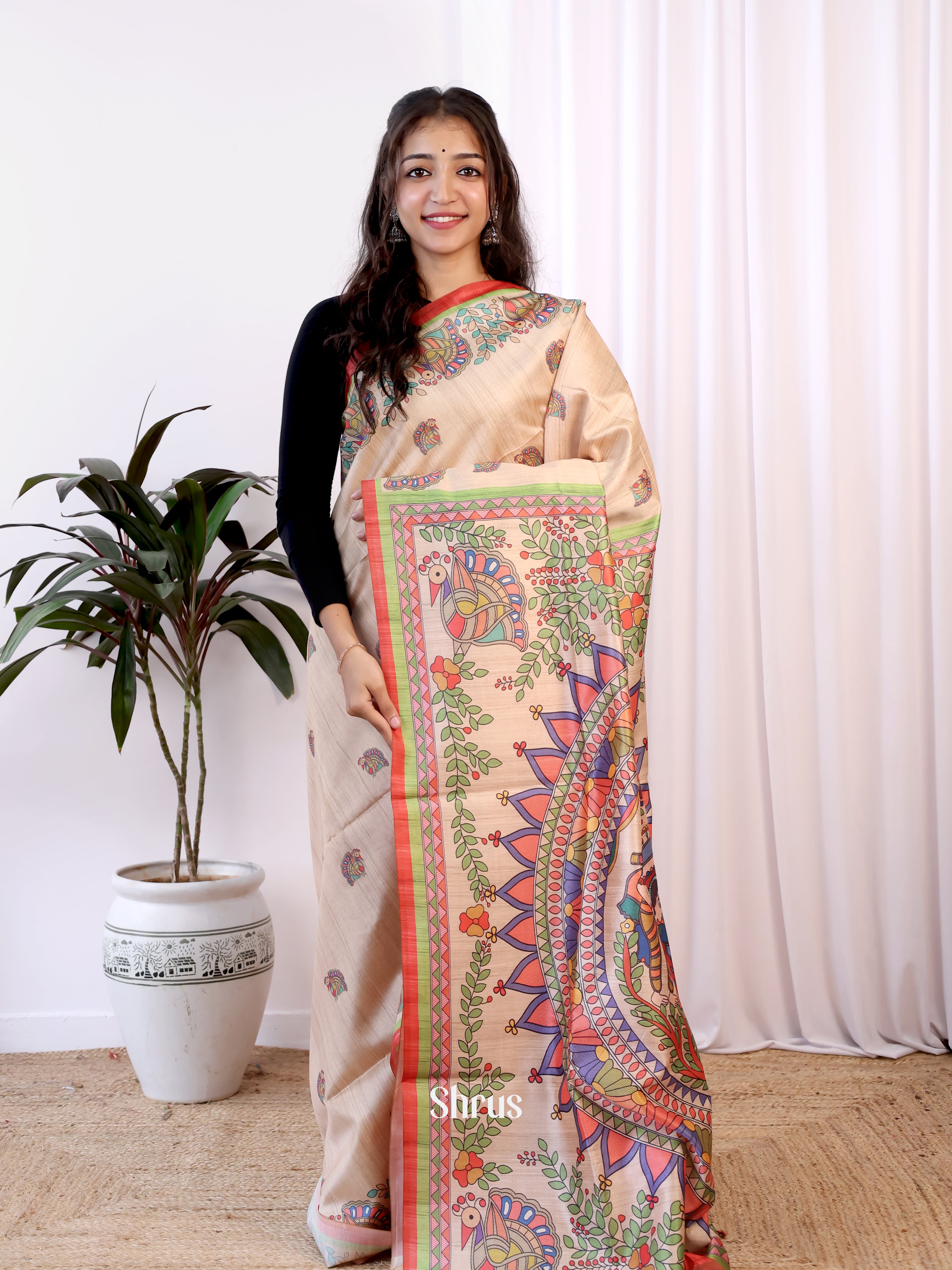 Beige & Red - Champa semitussar Saree