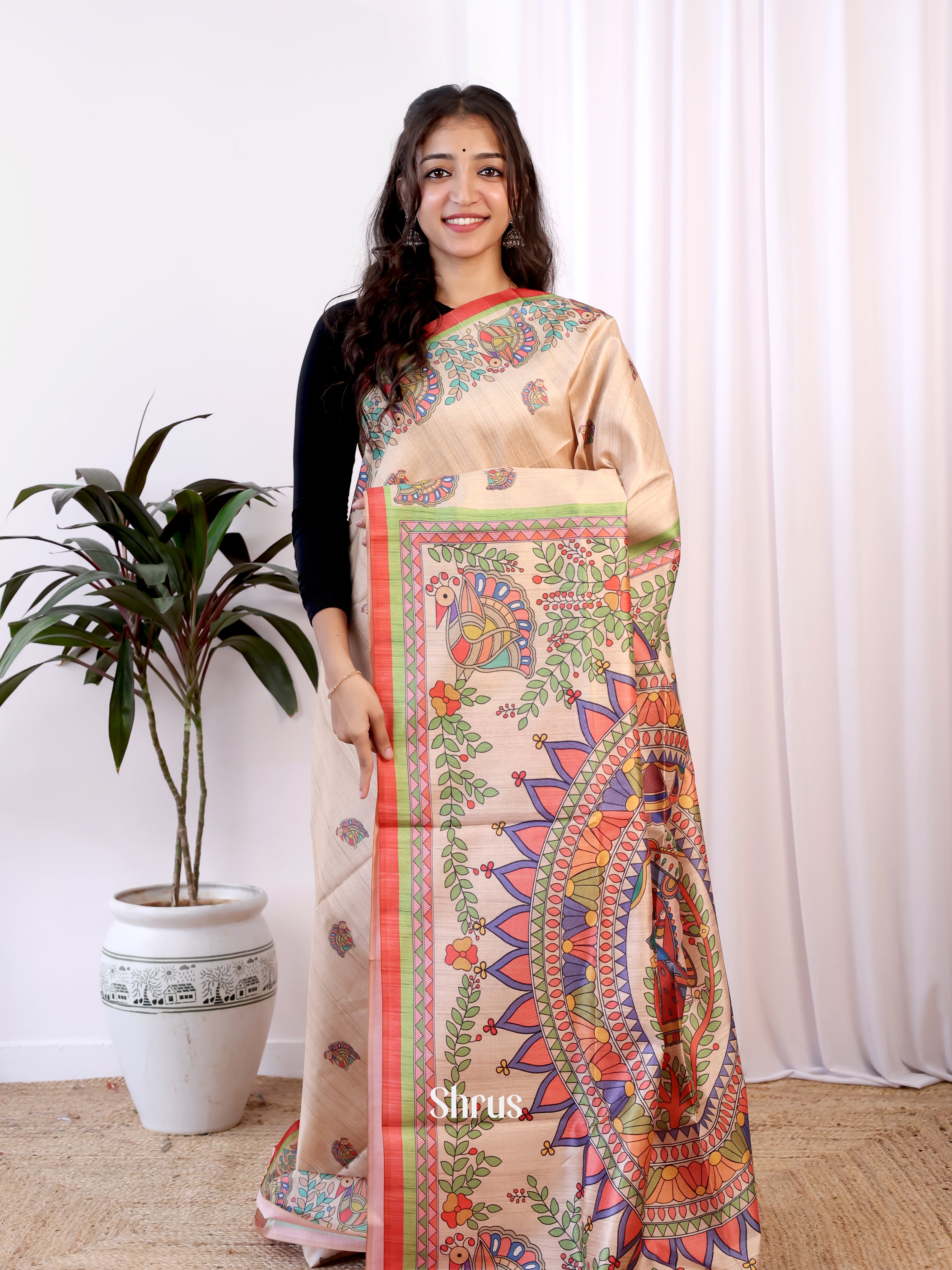 Beige  & Red- Champa semitussar Saree