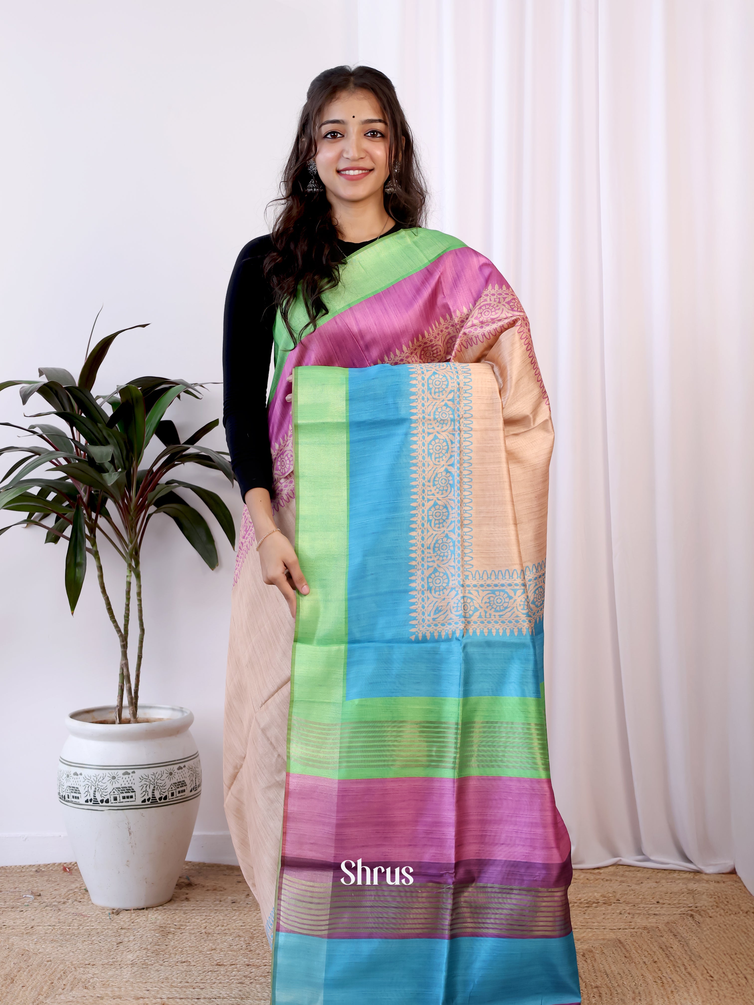 Peach & Green - Champa semitussar Saree