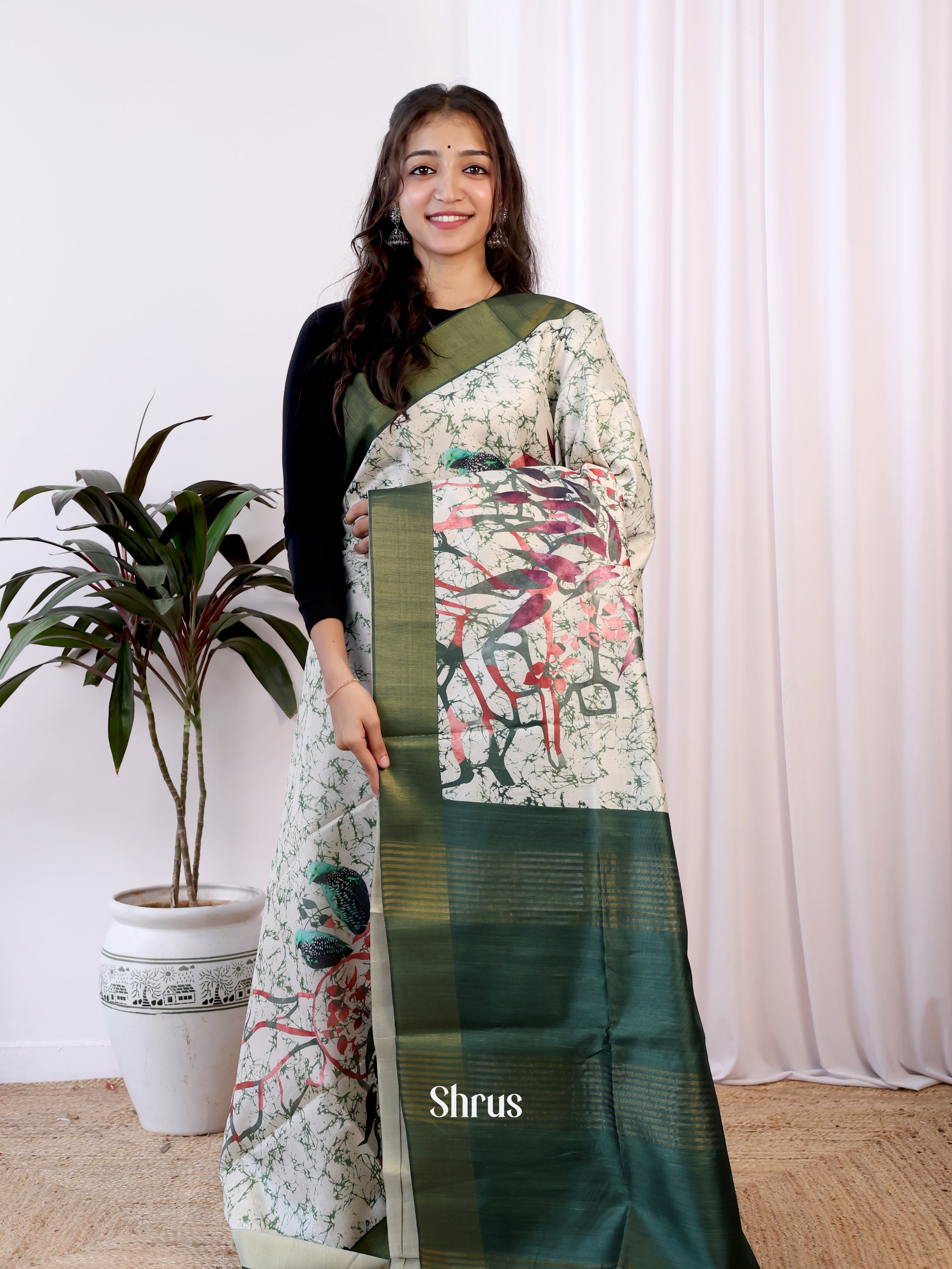 Cream & Green  - Champa semitussar Saree