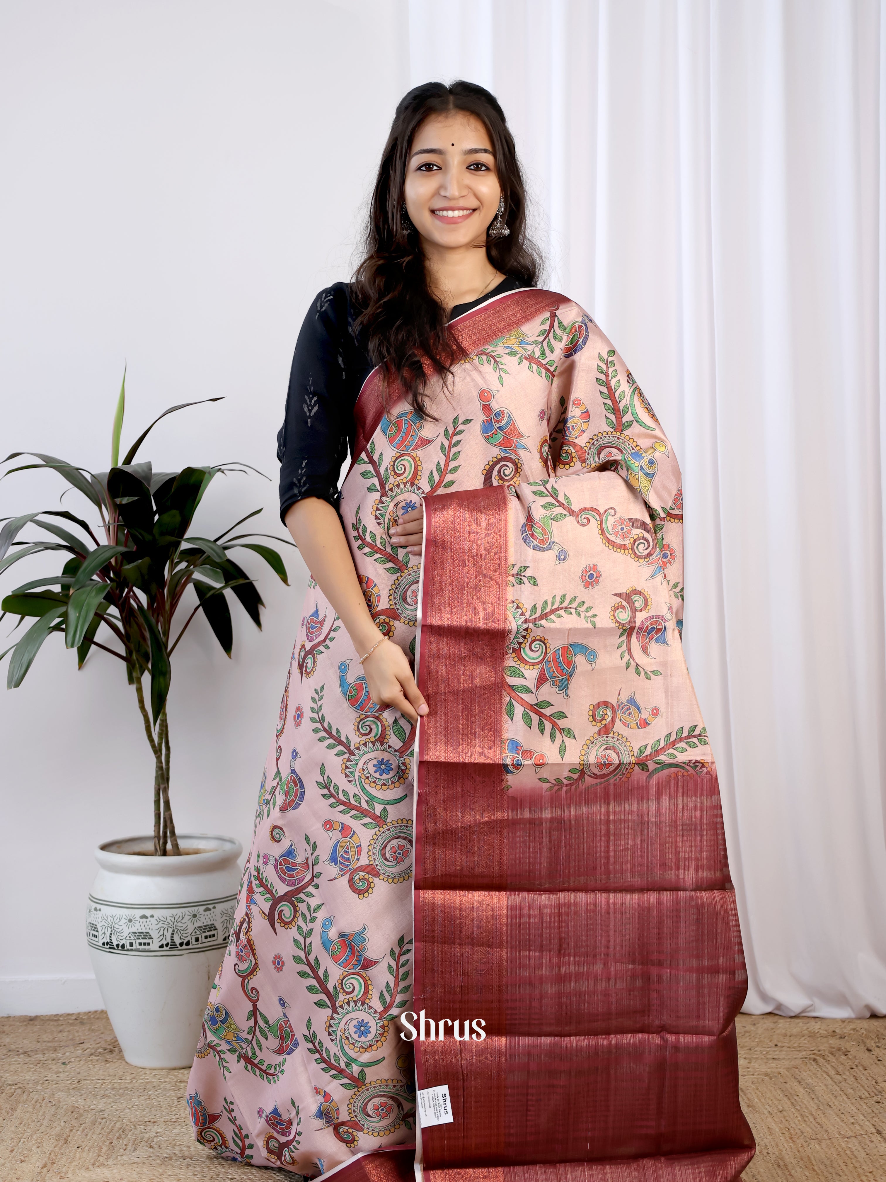 Lite Peach & Brown- Semi Tissue Saree