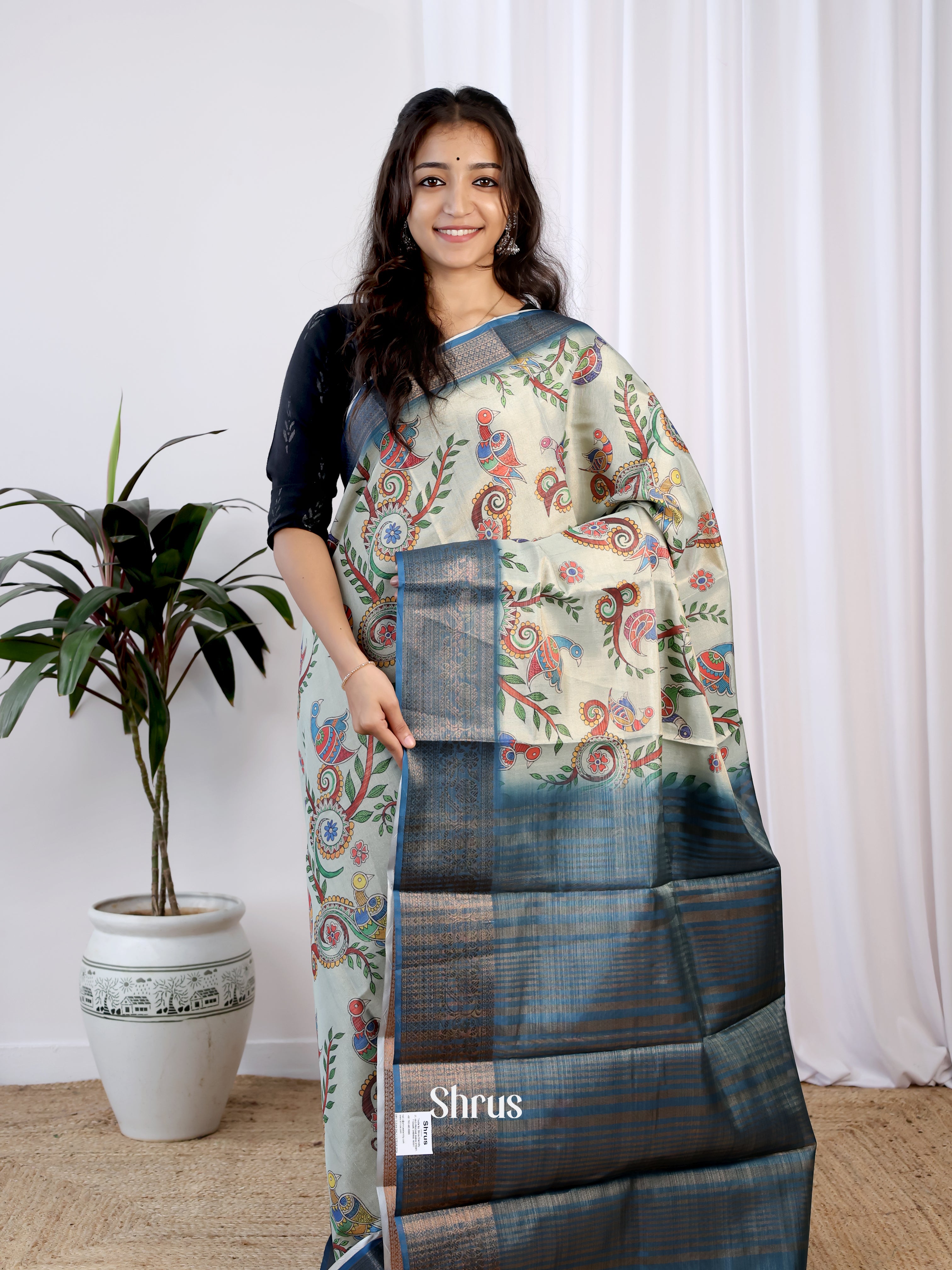 Lite Green & Cobalt Blue - Semi Tissue Saree