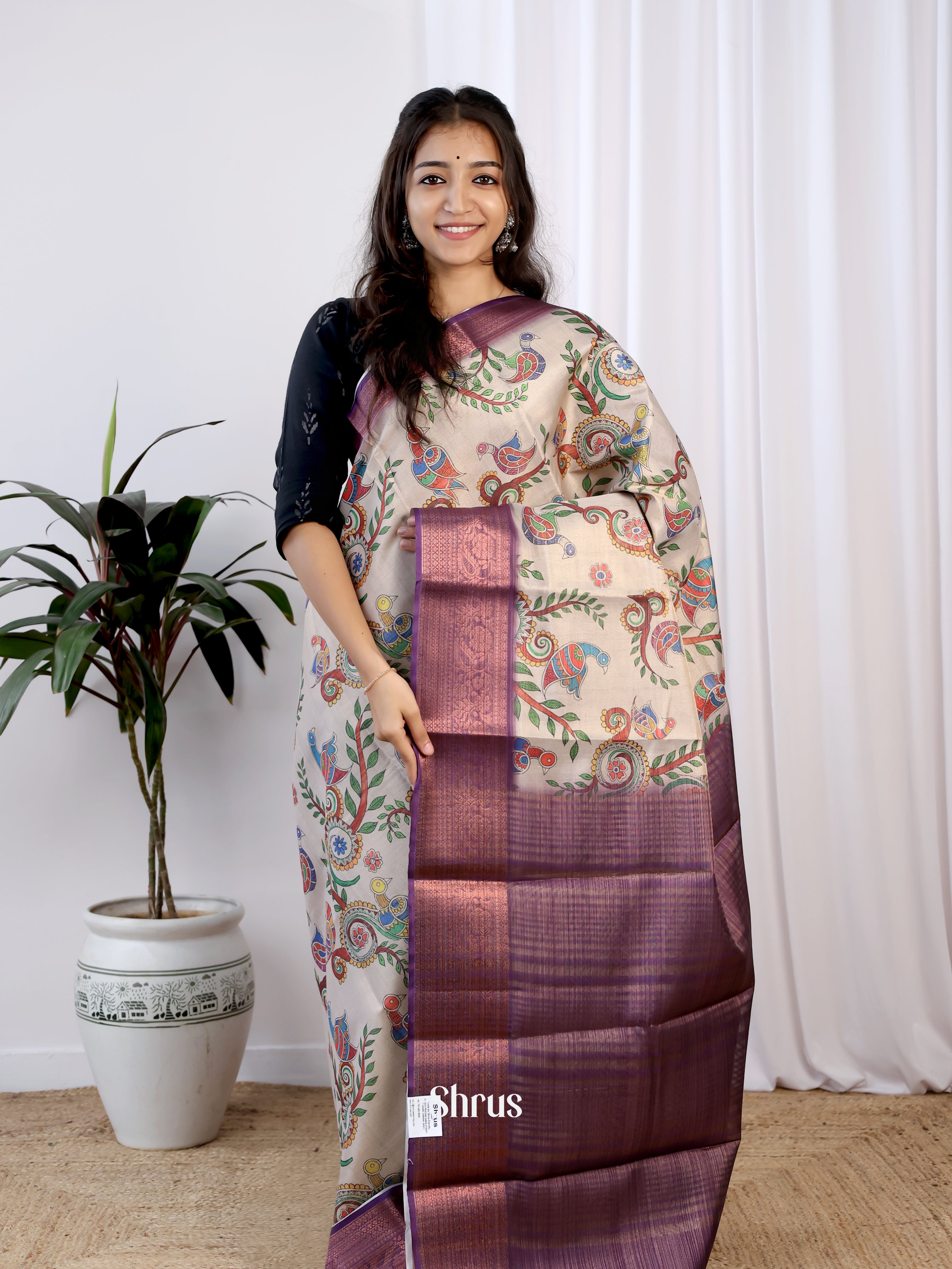 Cream & Wine - Semi Tissue Saree - Shop on Shrus.com