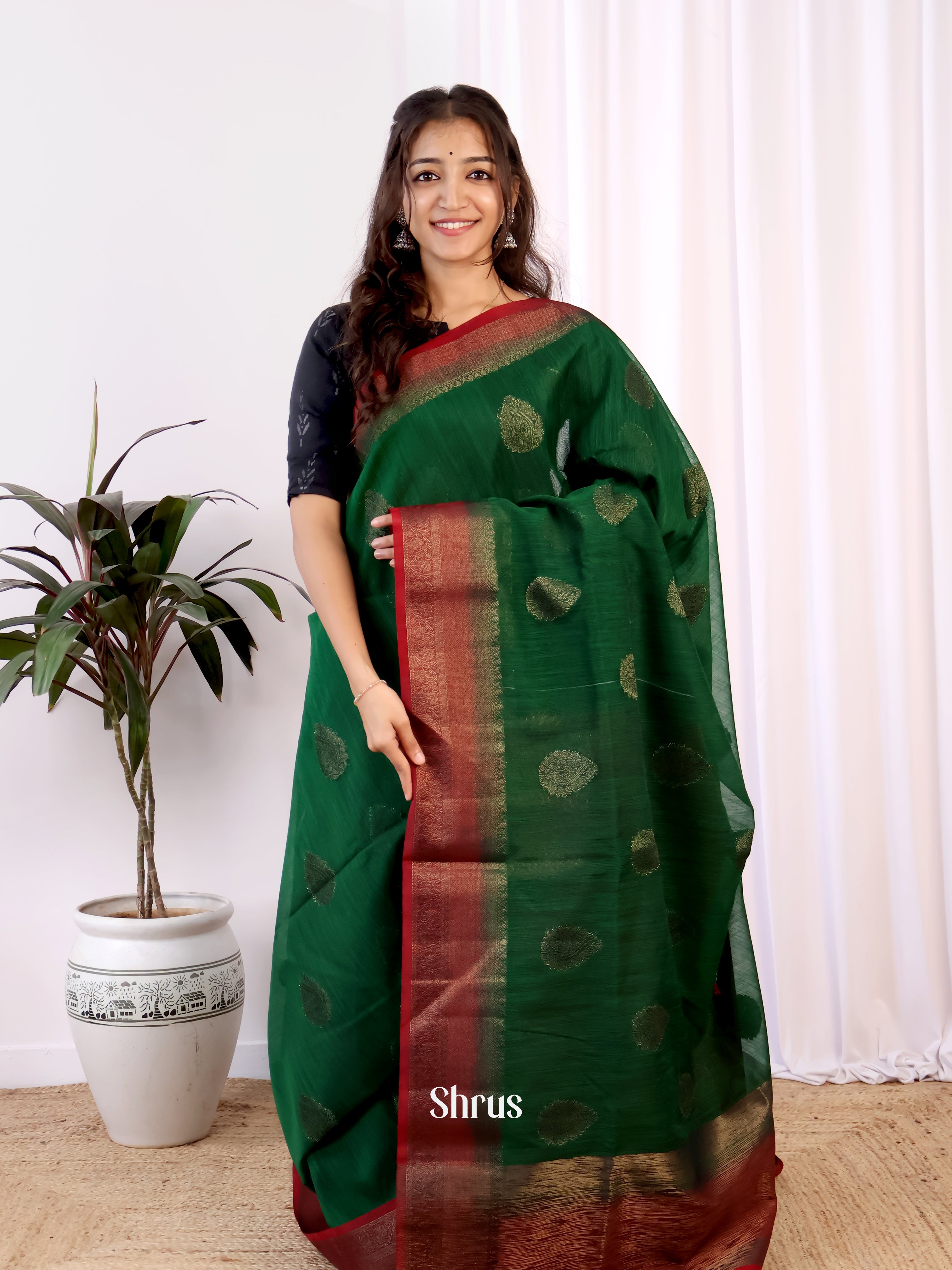 Green & Maroon- Semi Jute Saree - Shop on Shrus.com