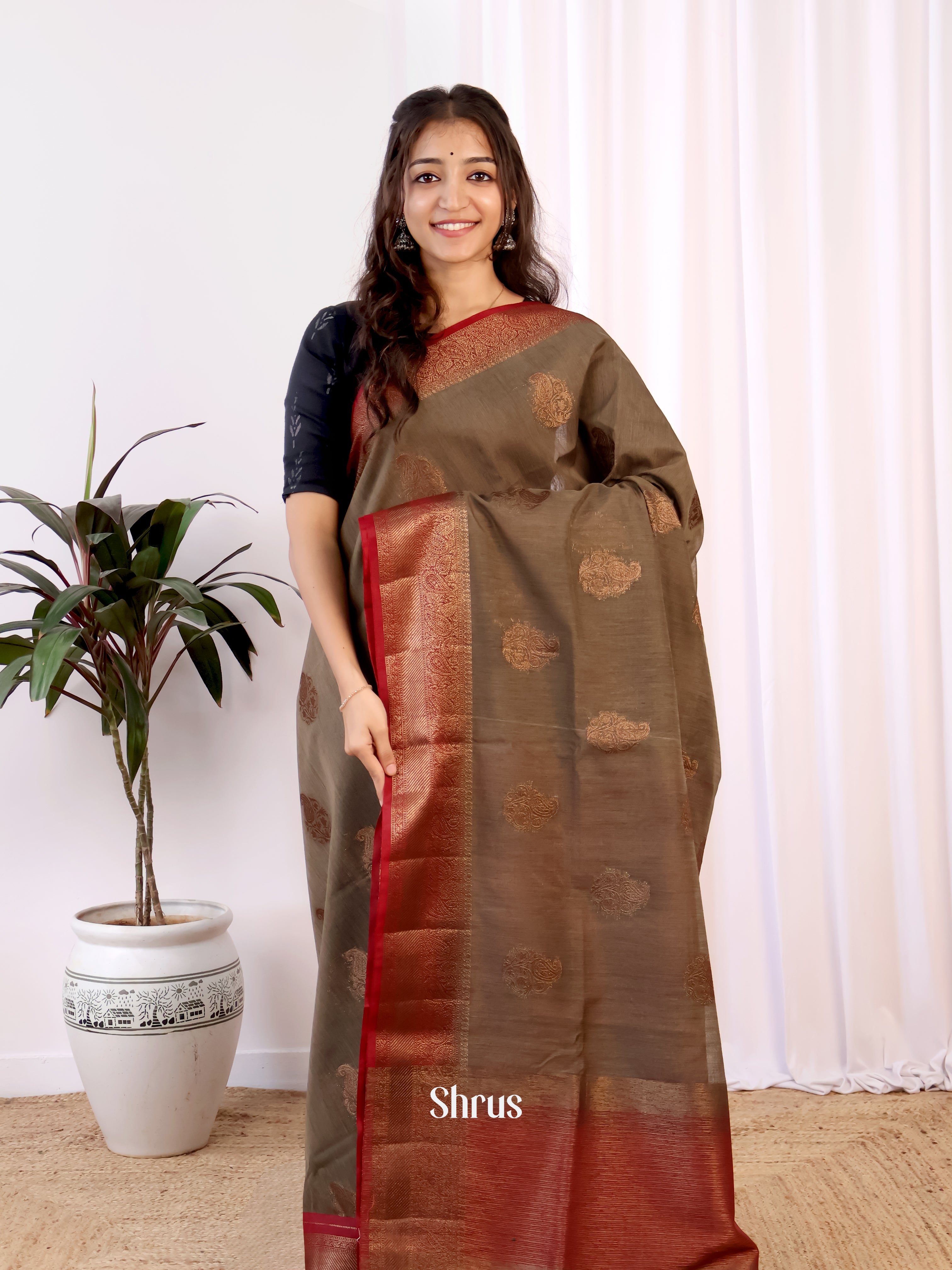 Grey  & Maroon - Semi Jute Saree - Shop on Shrus.com
