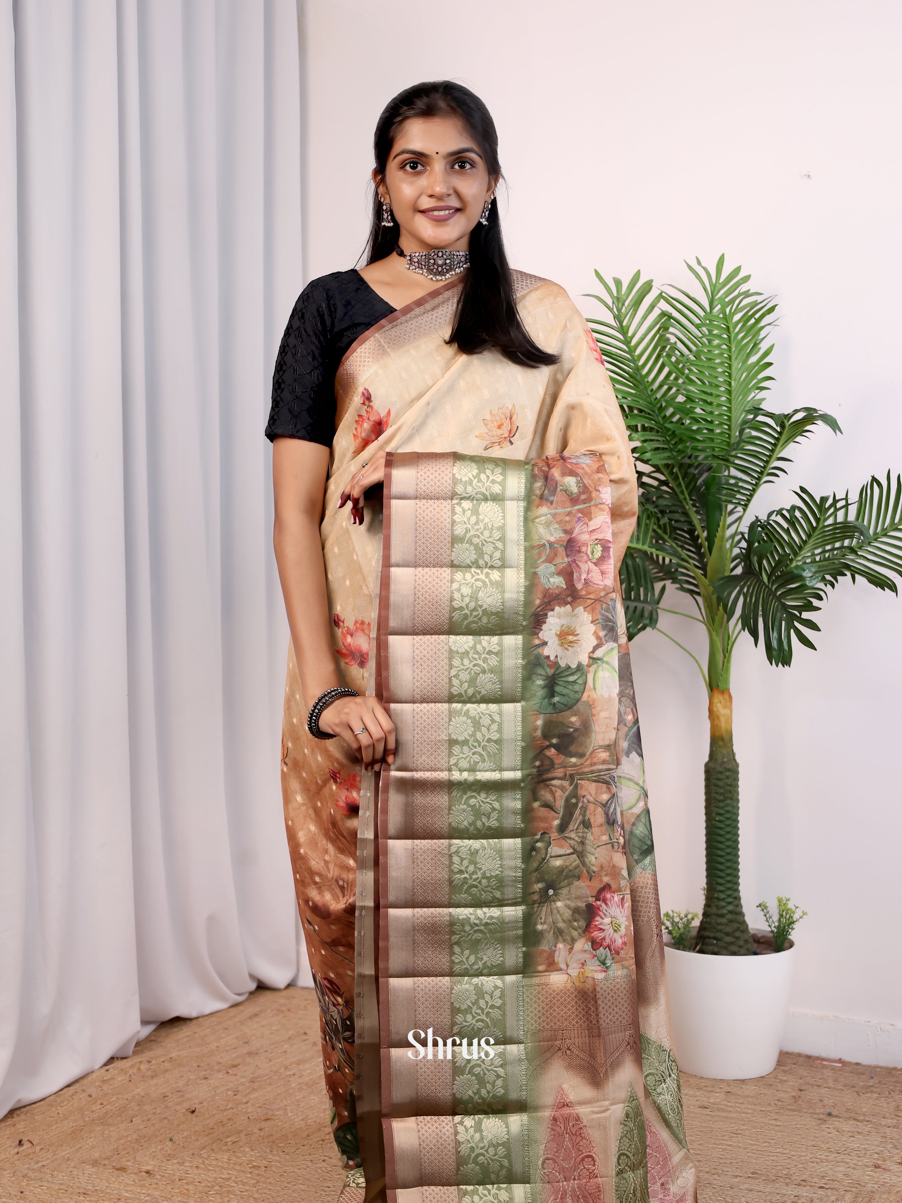 Lite & Dark Brown - Printed chanderi Saree