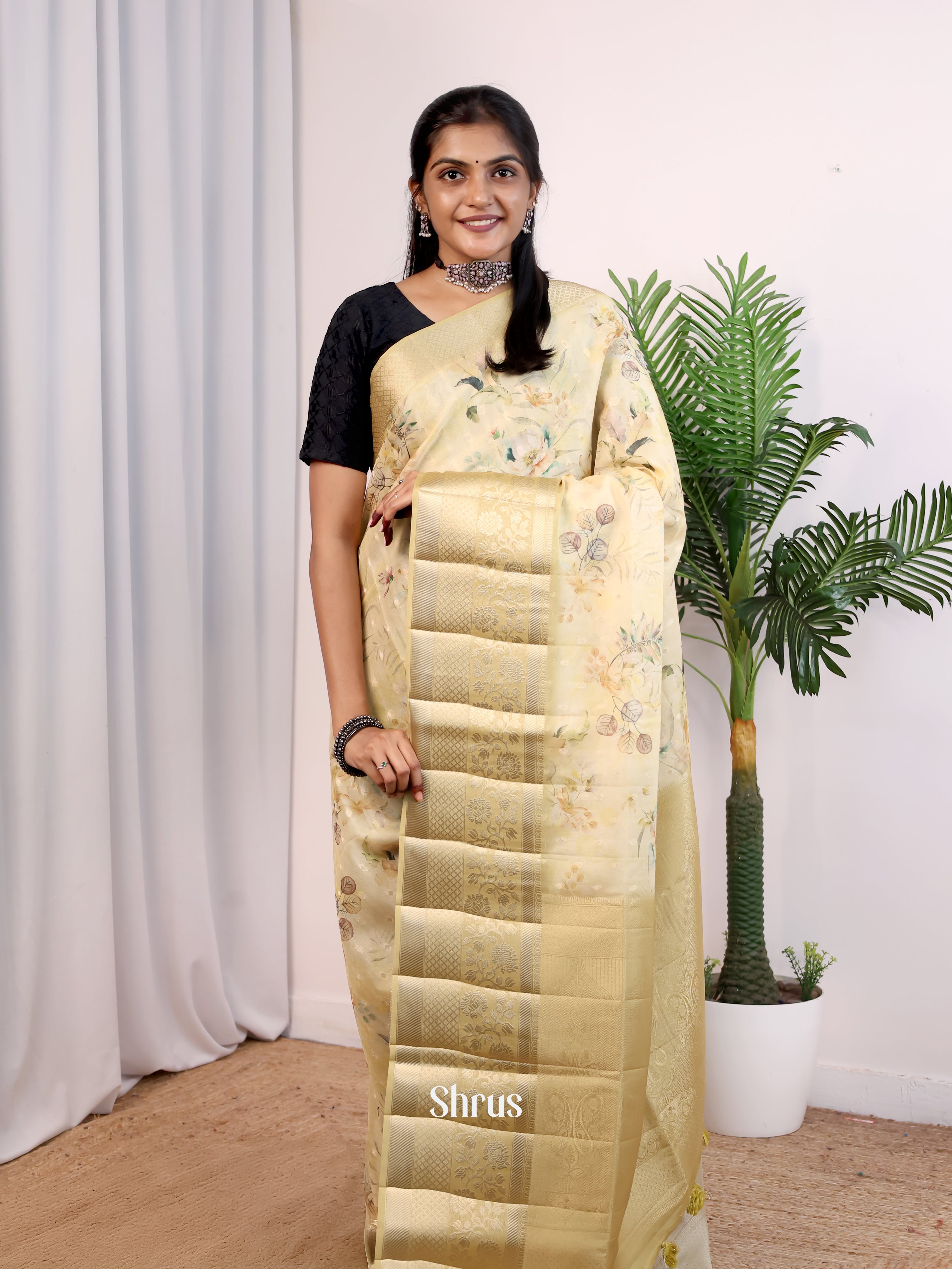 Cream- Printed chanderi Saree