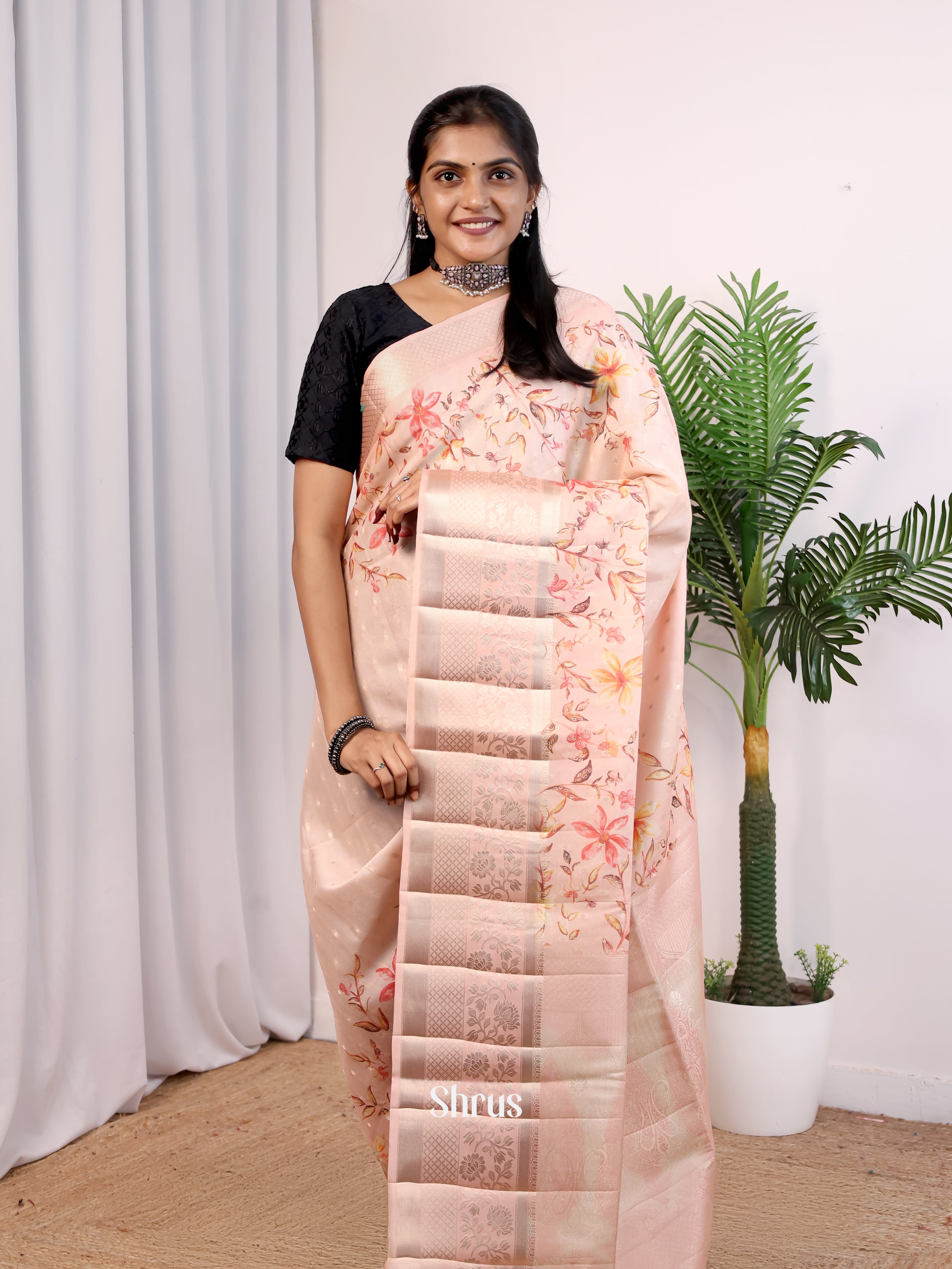 Pink- Printed chanderi Saree