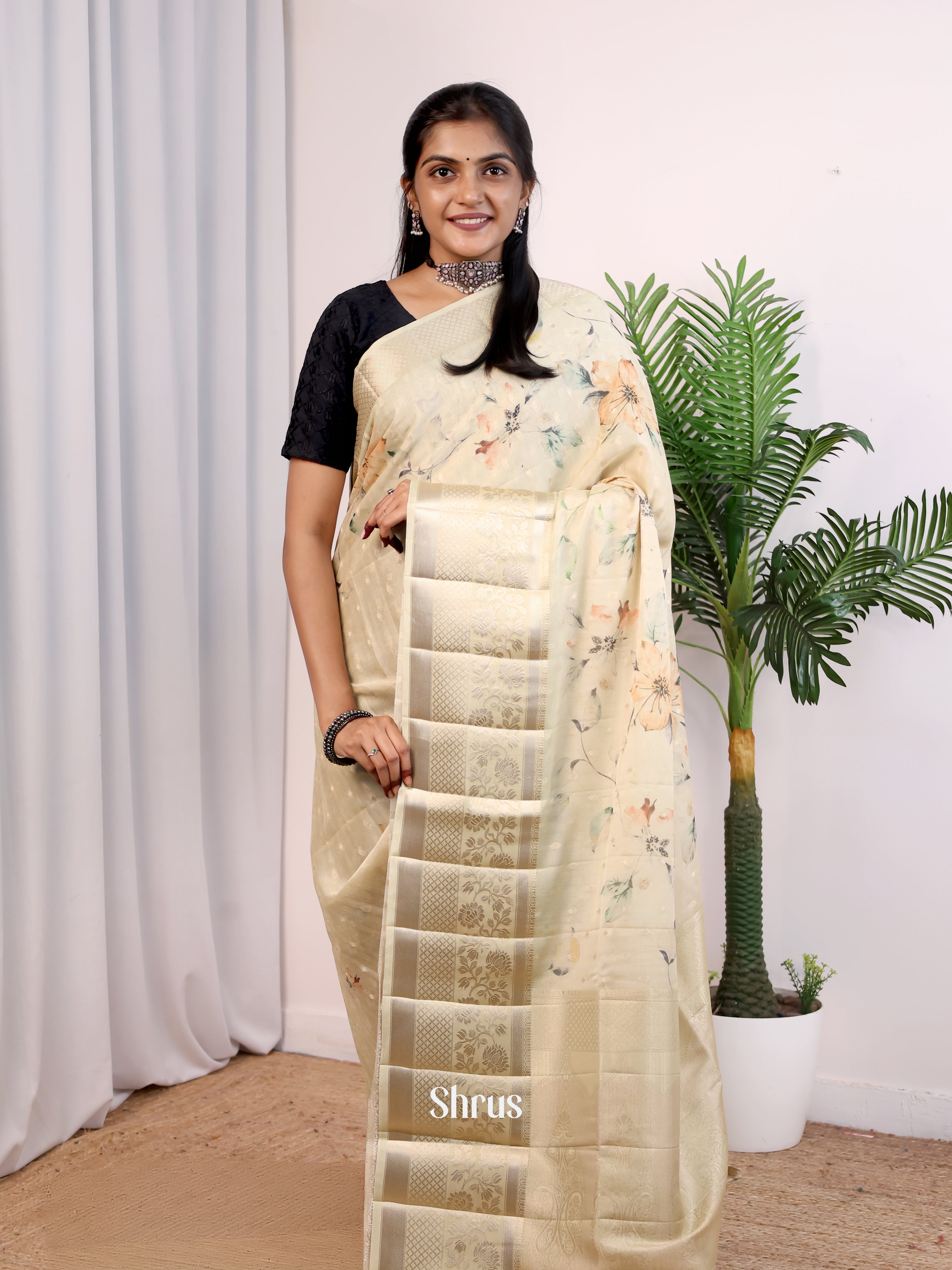 Cream - Printed chanderi Saree