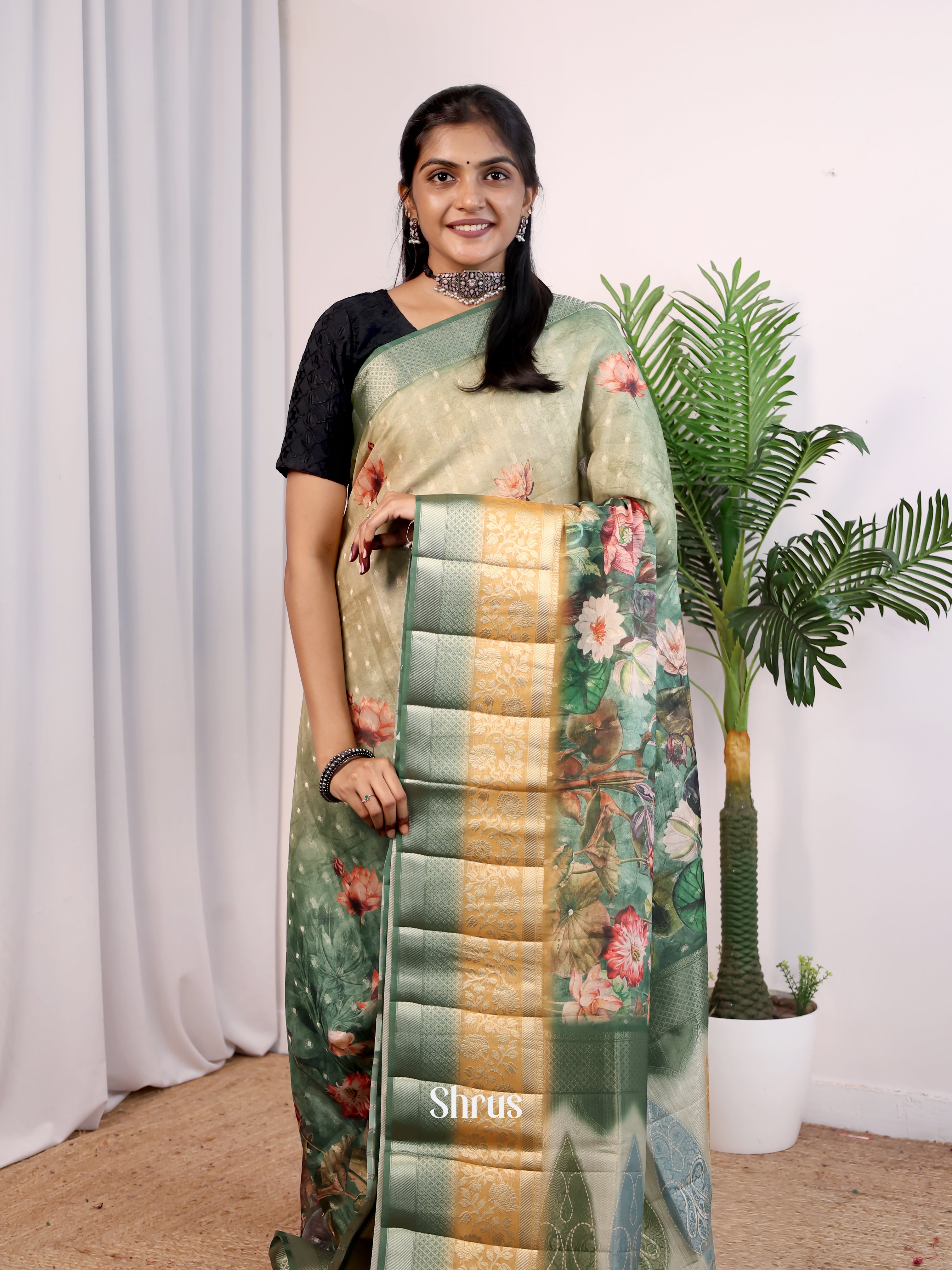 Lite Green & Green - Printed chanderi Saree