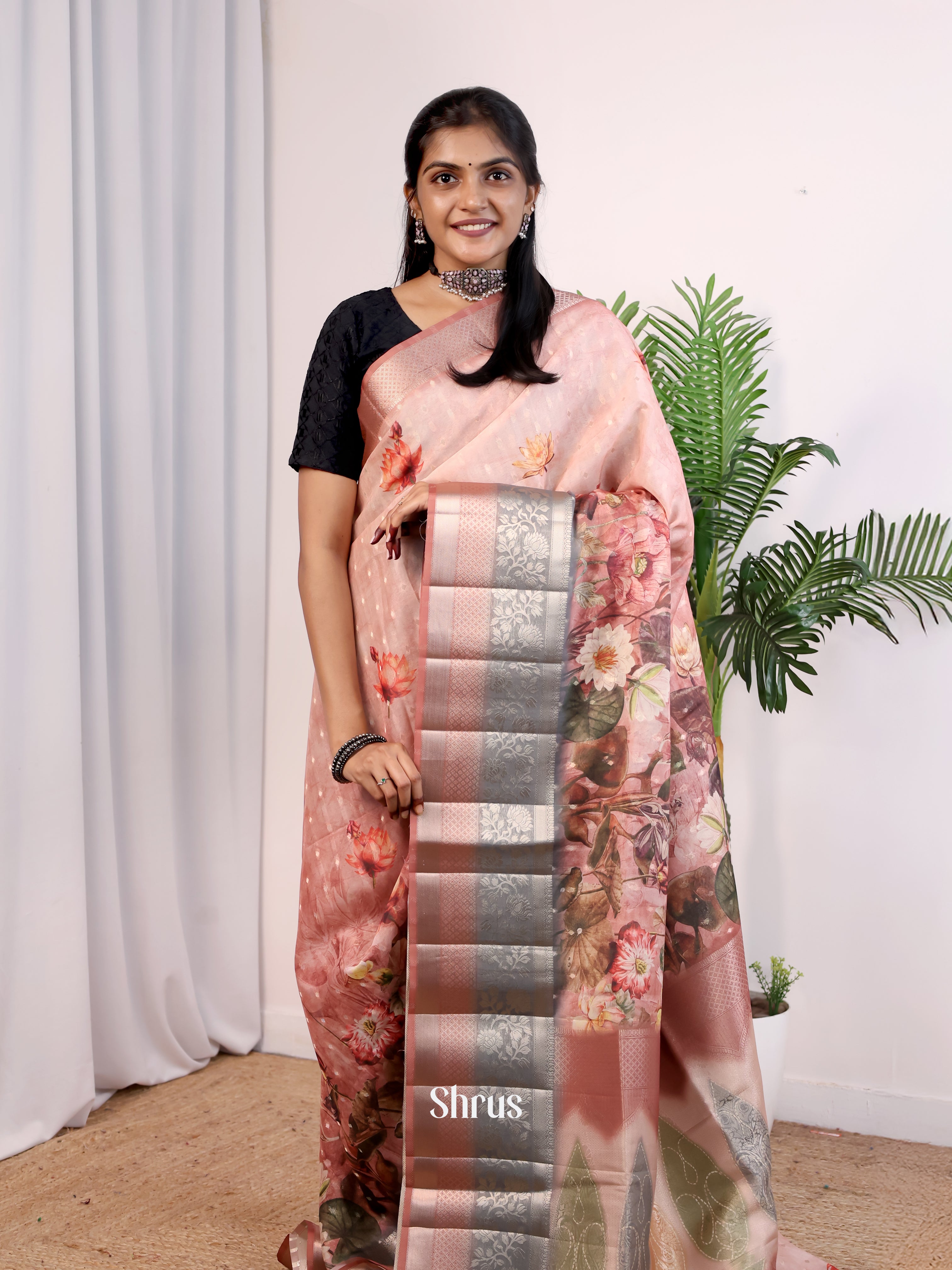 Dusty Pink & Grey - Printed chanderi Saree