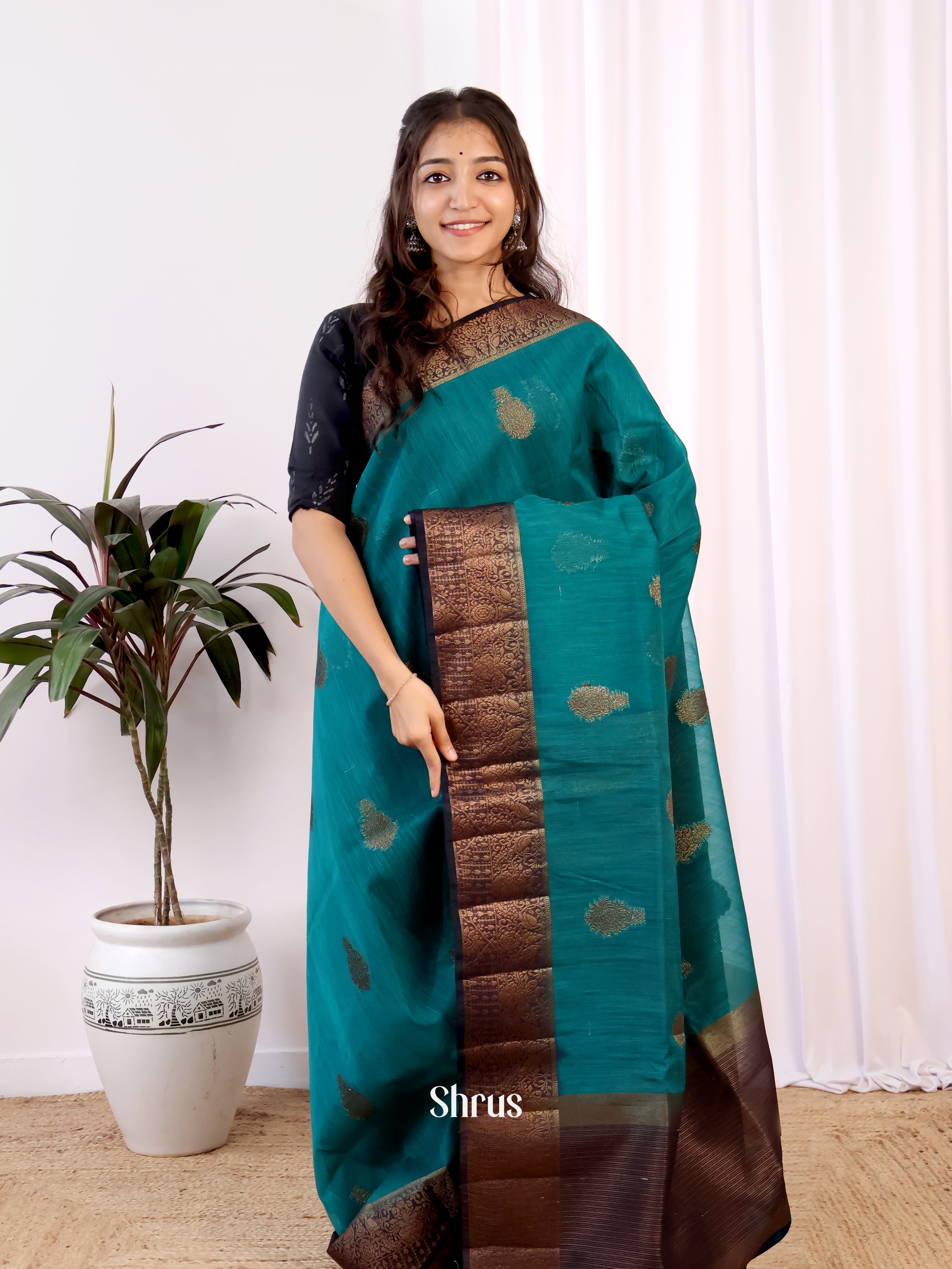 Blue & Brown - Semi Jute Saree