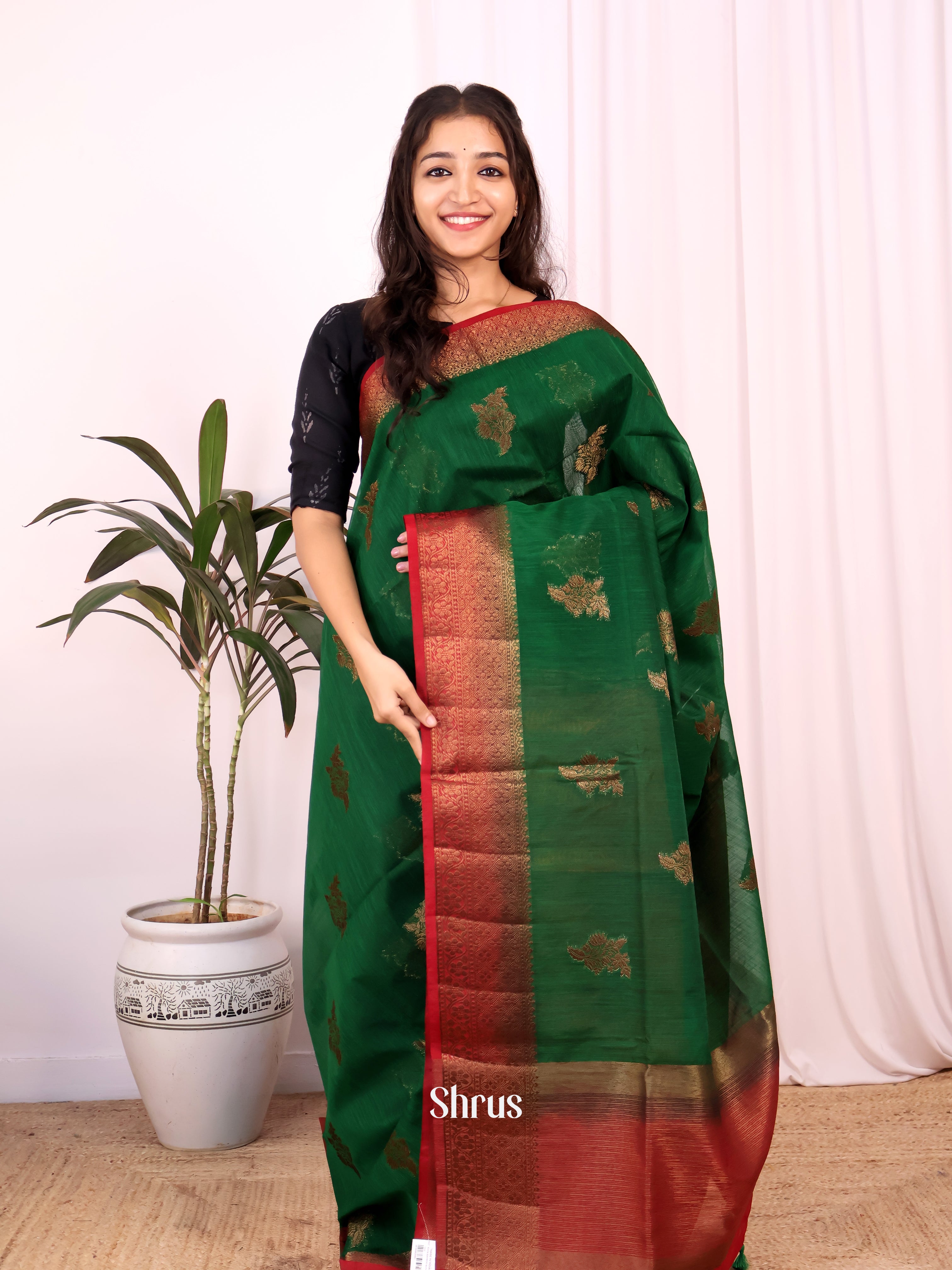 Green & Red - Semi Jute Saree